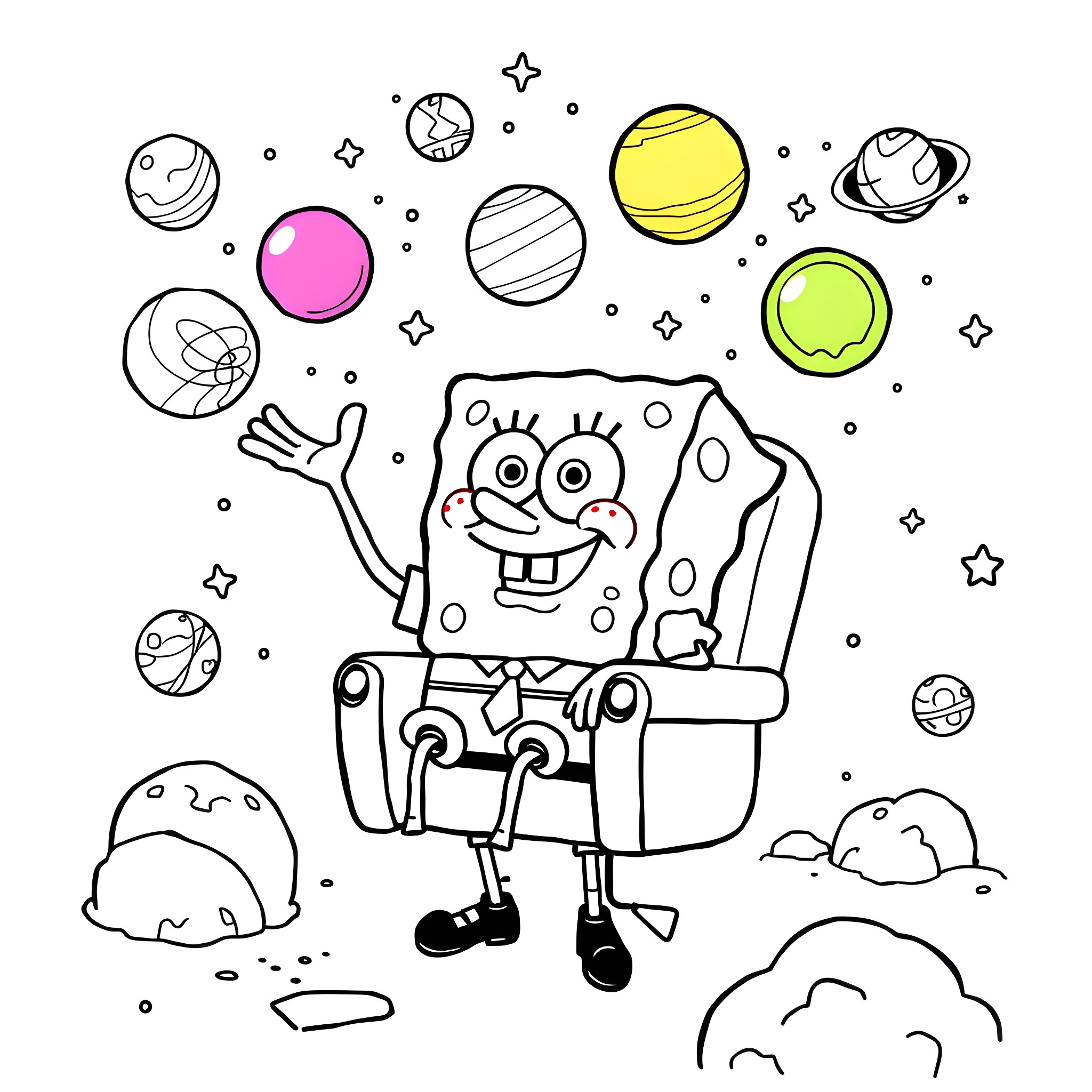 Spongebob floating in space with planets Coloring Page (free black-and-white line drawing printable PDF for all, from beginners to advanced learners, including children, teens, adults, and seniors)