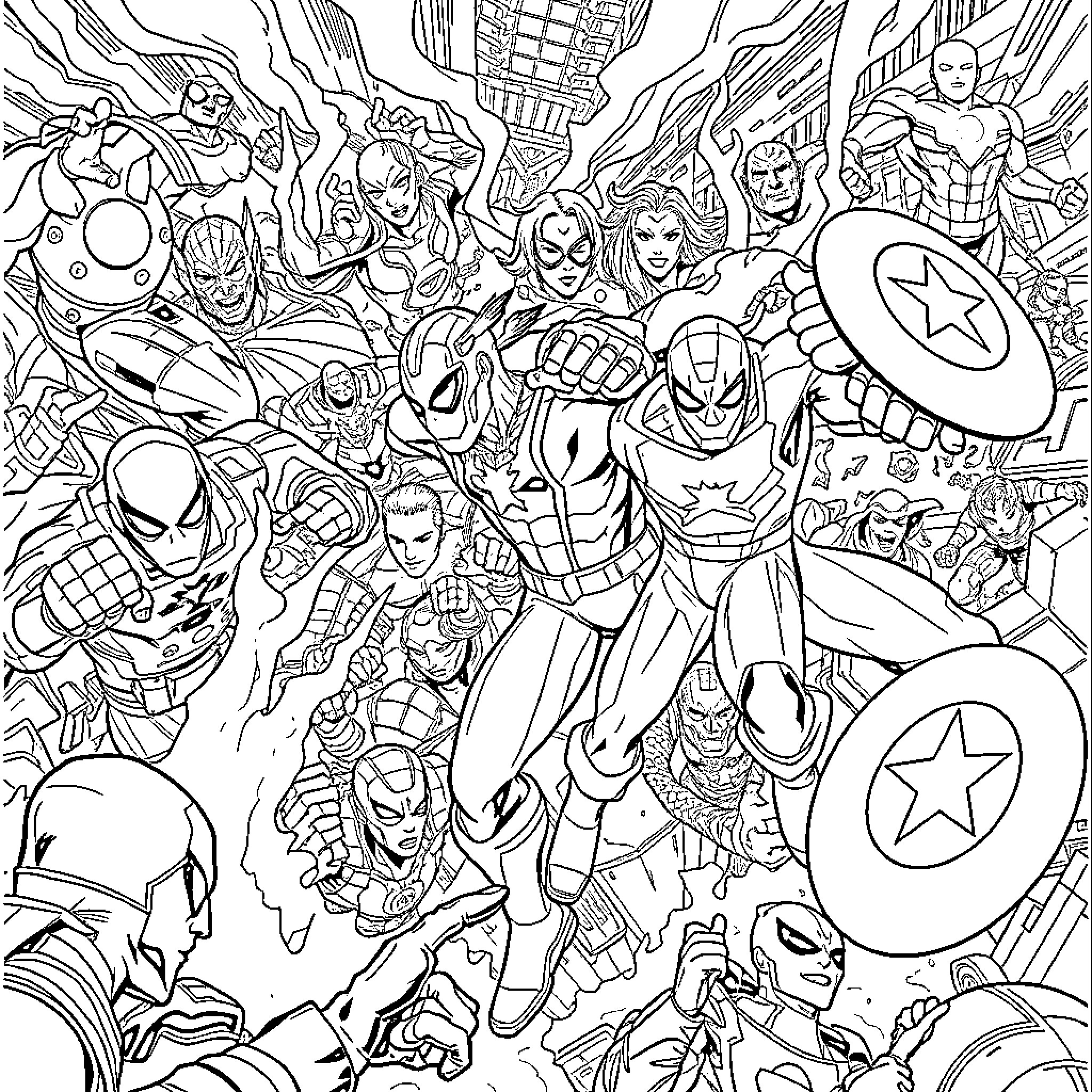 Marvel Superheroes Clash in an Intense Battle Coloring Page (free black-and-white line drawing printable PDF for all, from beginners to advanced learners, including children, teens, adults, and seniors)