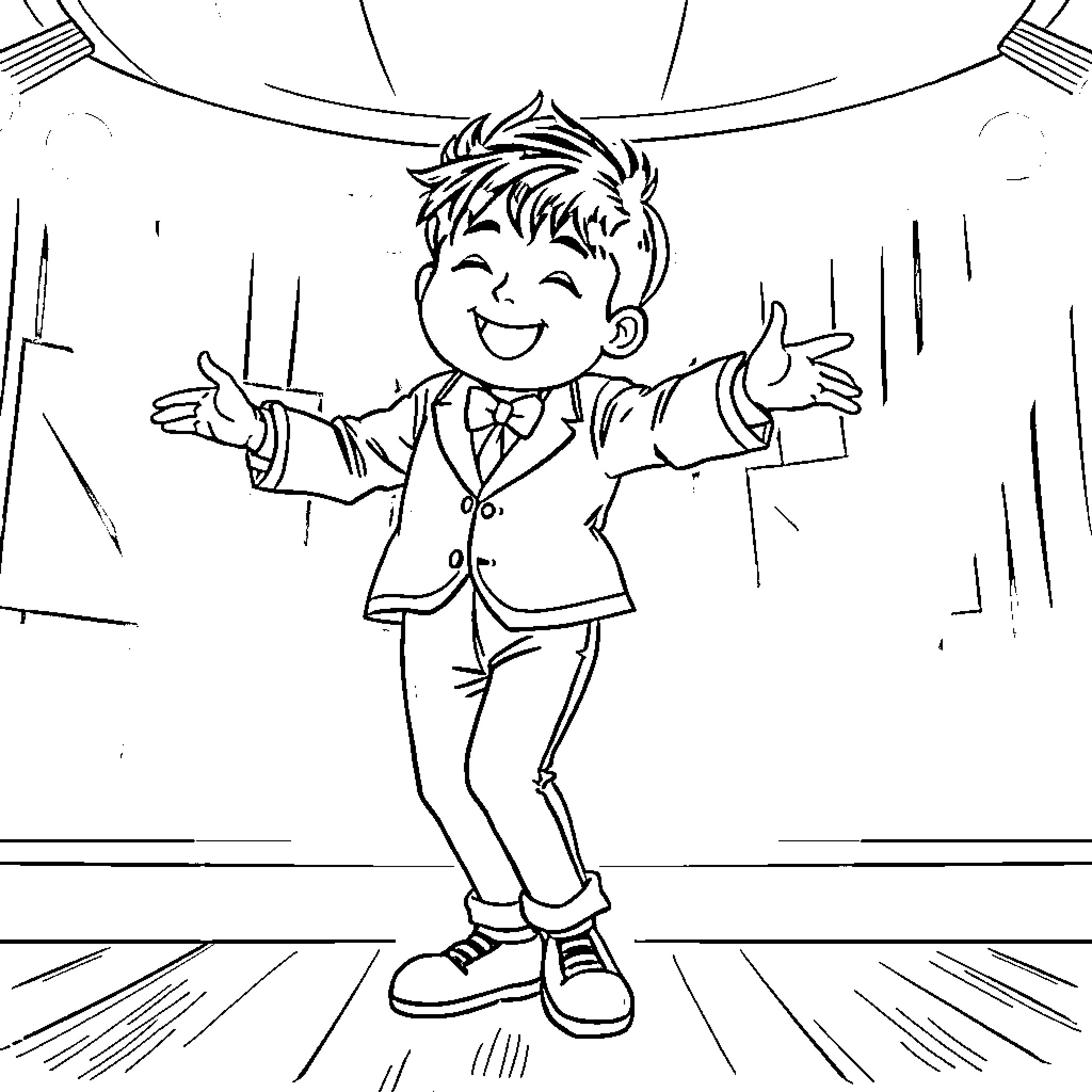 Jinu happily performing on stage Coloring Page (free black-and-white line drawing printable PDF for all, from beginners to advanced learners, including children, teens, adults, and seniors)