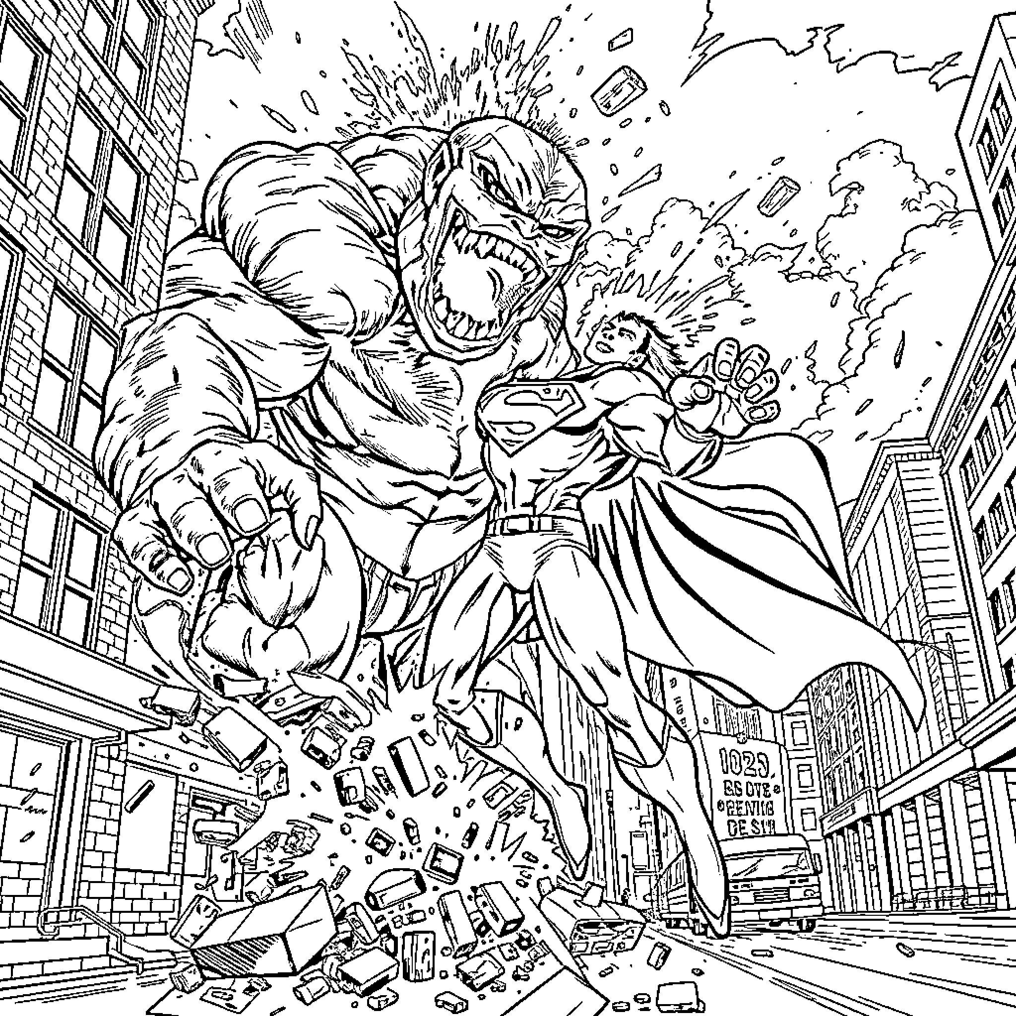 Superman battles giant monster in city street Coloring Page (free black-and-white line drawing printable PDF for all, from beginners to advanced learners, including children, teens, adults, and seniors)