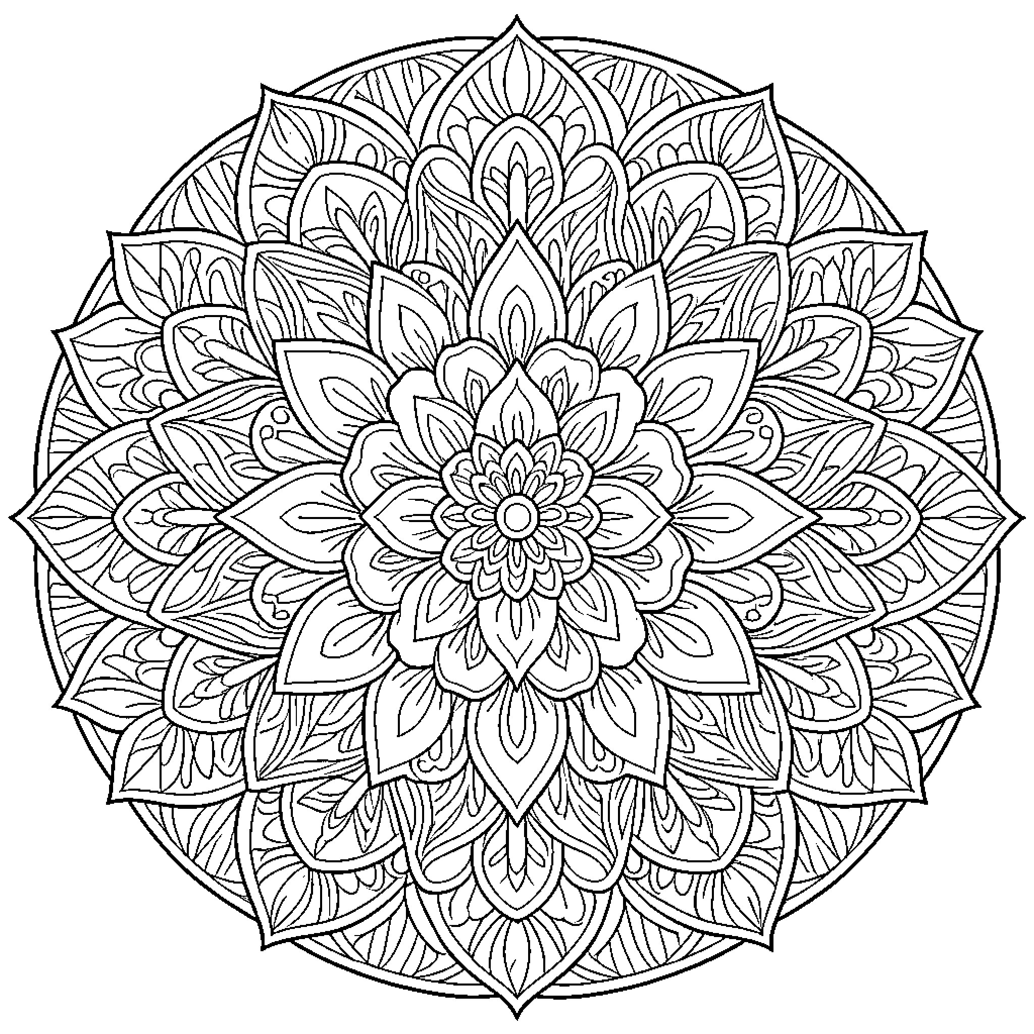 Floral Mandala Intricate Design Coloring Page (free black-and-white line drawing printable PDF for all, from beginners to advanced learners, including children, teens, adults, and seniors)