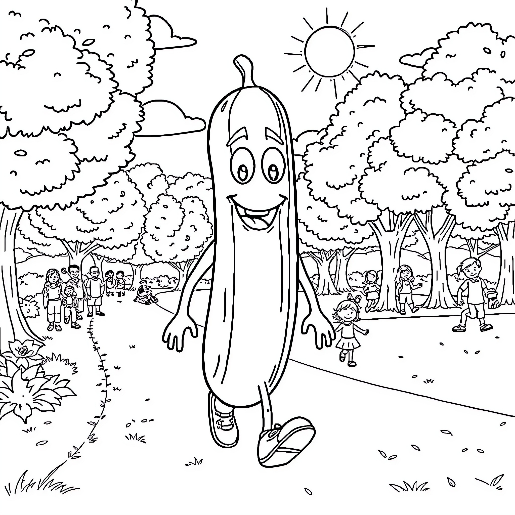 Pickle Man's Playful Park Promenade Coloring Page (free black-and-white line drawing printable PDF for all, from beginners to advanced learners, including children, teens, adults, and seniors)