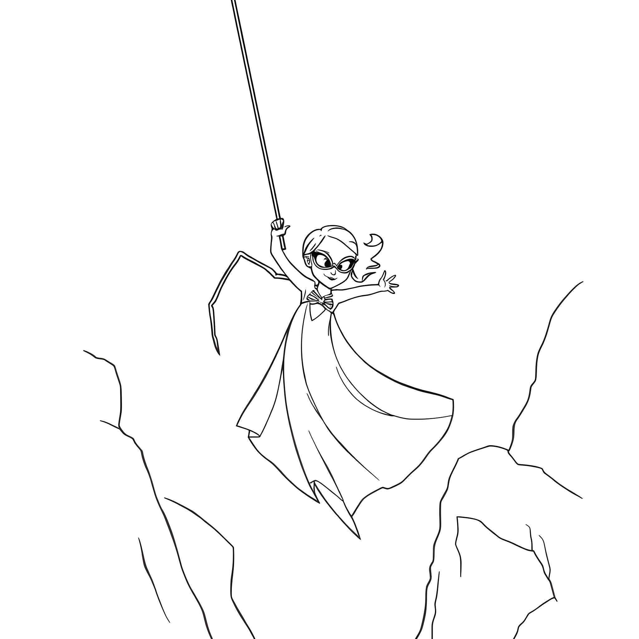 Ghost Spider swinging through the mountains Coloring Page (free black-and-white line drawing printable PDF for all, from beginners to advanced learners, including children, teens, adults, and seniors)