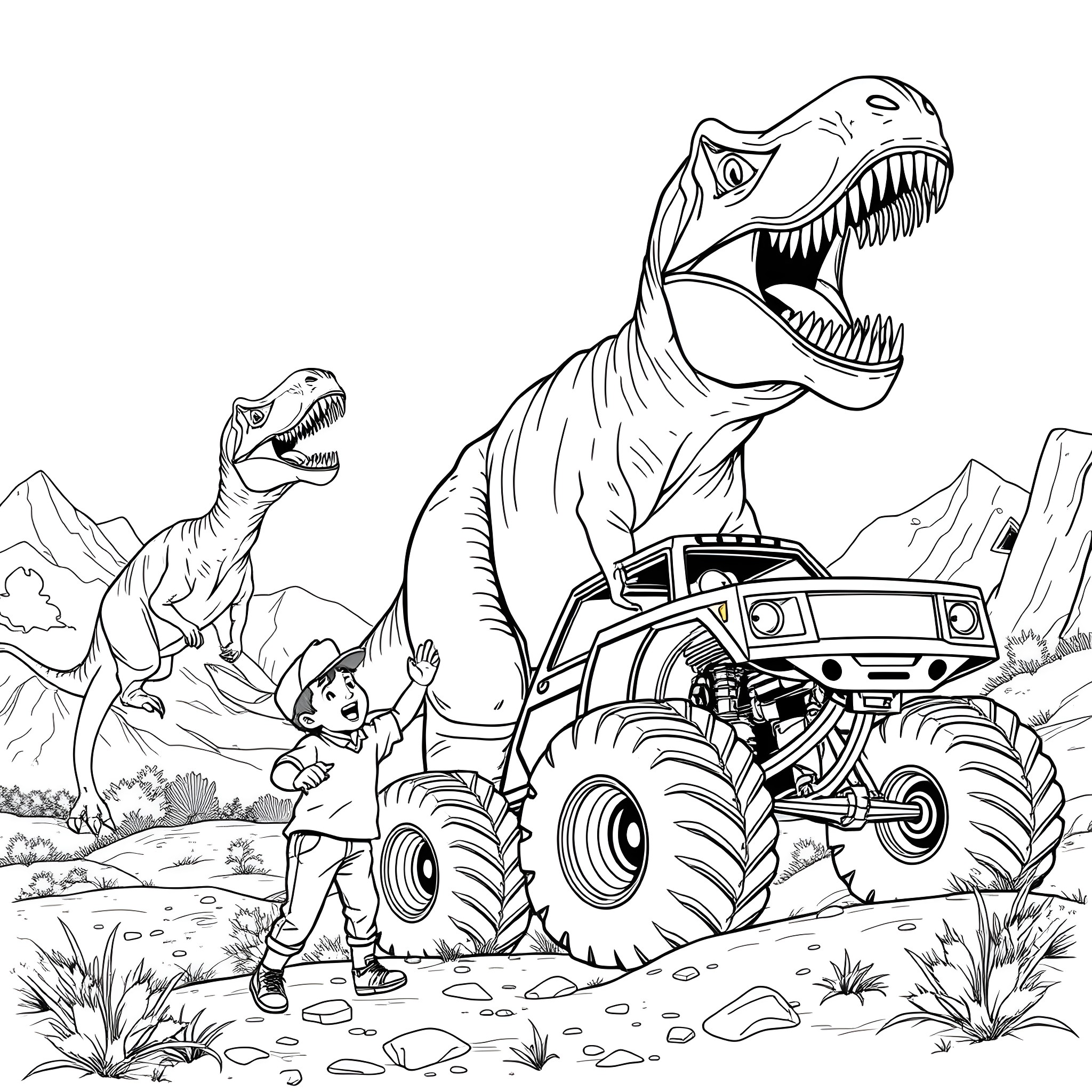 Dinosaur fossil hunter encounters aggressive dinosaur with monster truck Coloring Page (free black-and-white line drawing printable PDF for all, from beginners to advanced learners, including children, teens, adults, and seniors)