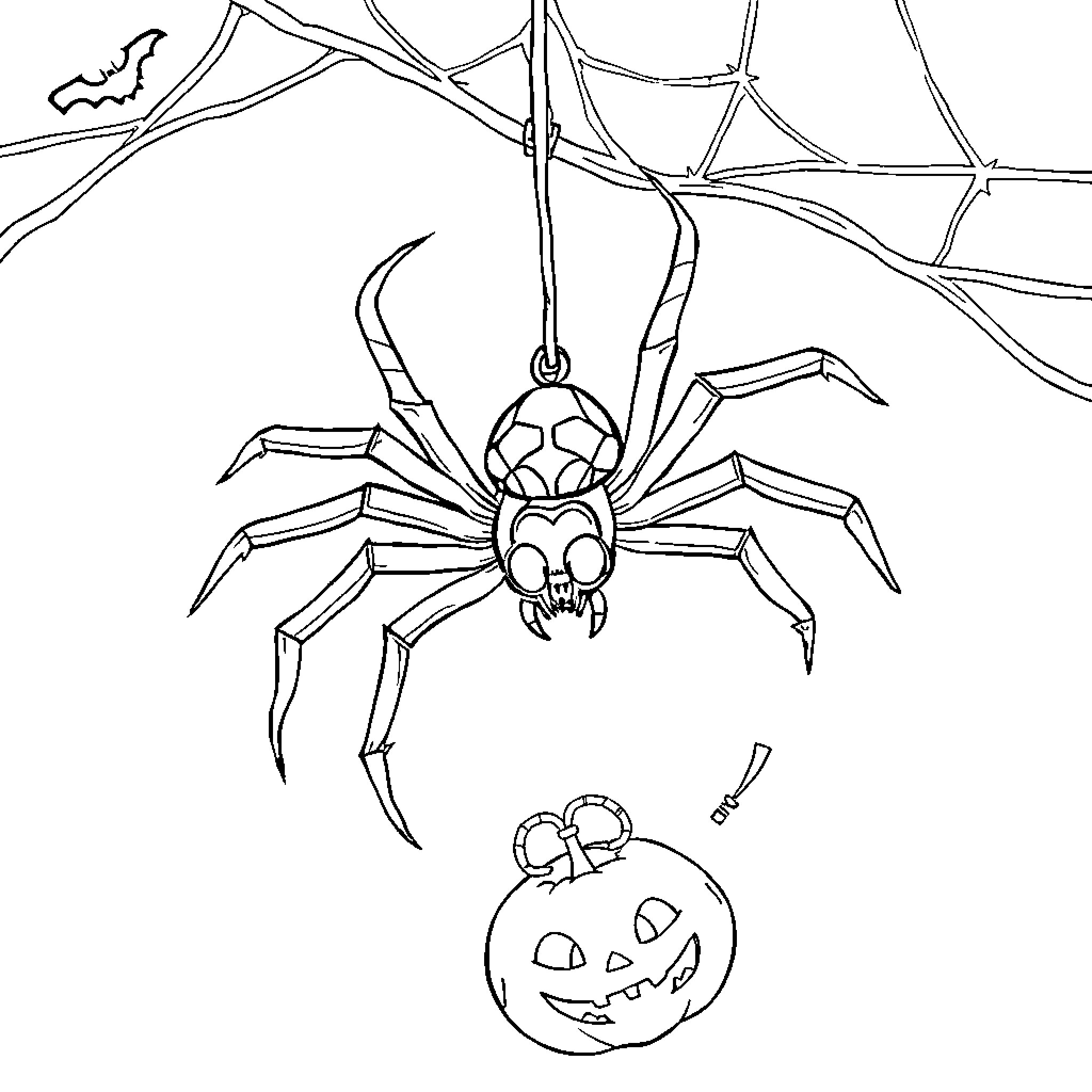 Spider dangling from web near jack-o'-lantern Coloring Page (free black-and-white line drawing printable PDF for all, from beginners to advanced learners, including children, teens, adults, and seniors)
