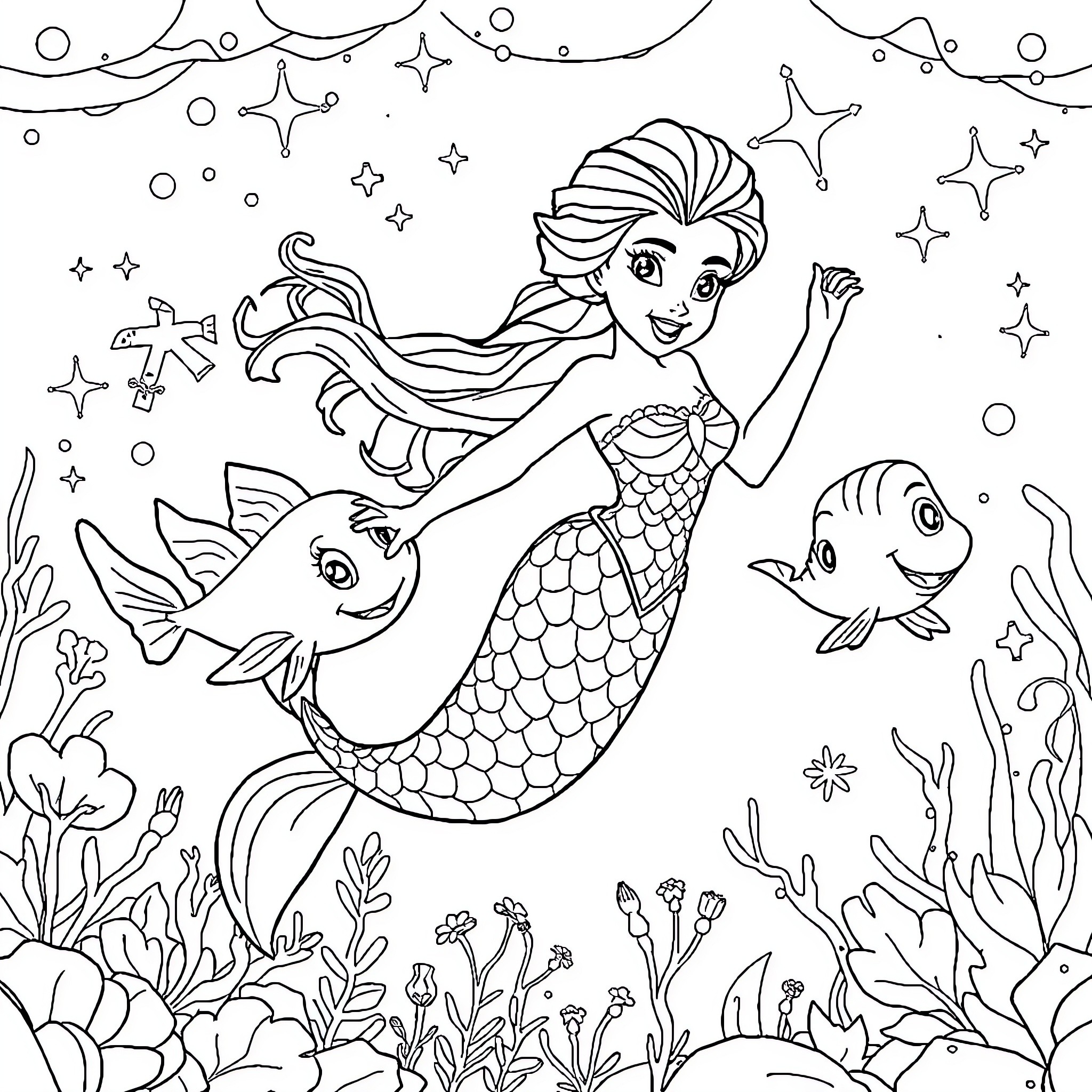 Mermaid swimming with colorful fish in the underwater scene Coloring Page (free black-and-white line drawing printable PDF for all, from beginners to advanced learners, including children, teens, adults, and seniors)