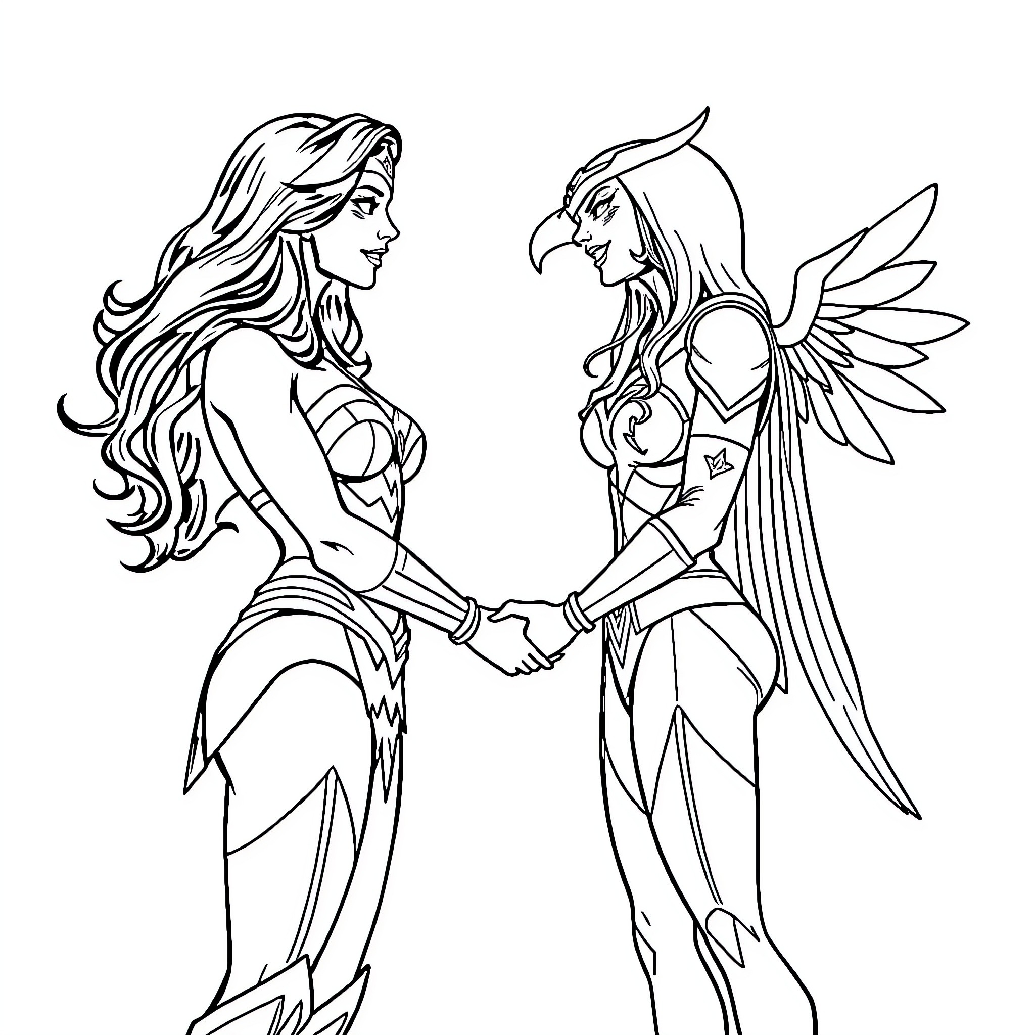 Wonder Woman shaking hands with a winged warrior Coloring Page (free black-and-white line drawing printable PDF for all, from beginners to advanced learners, including children, teens, adults, and seniors)