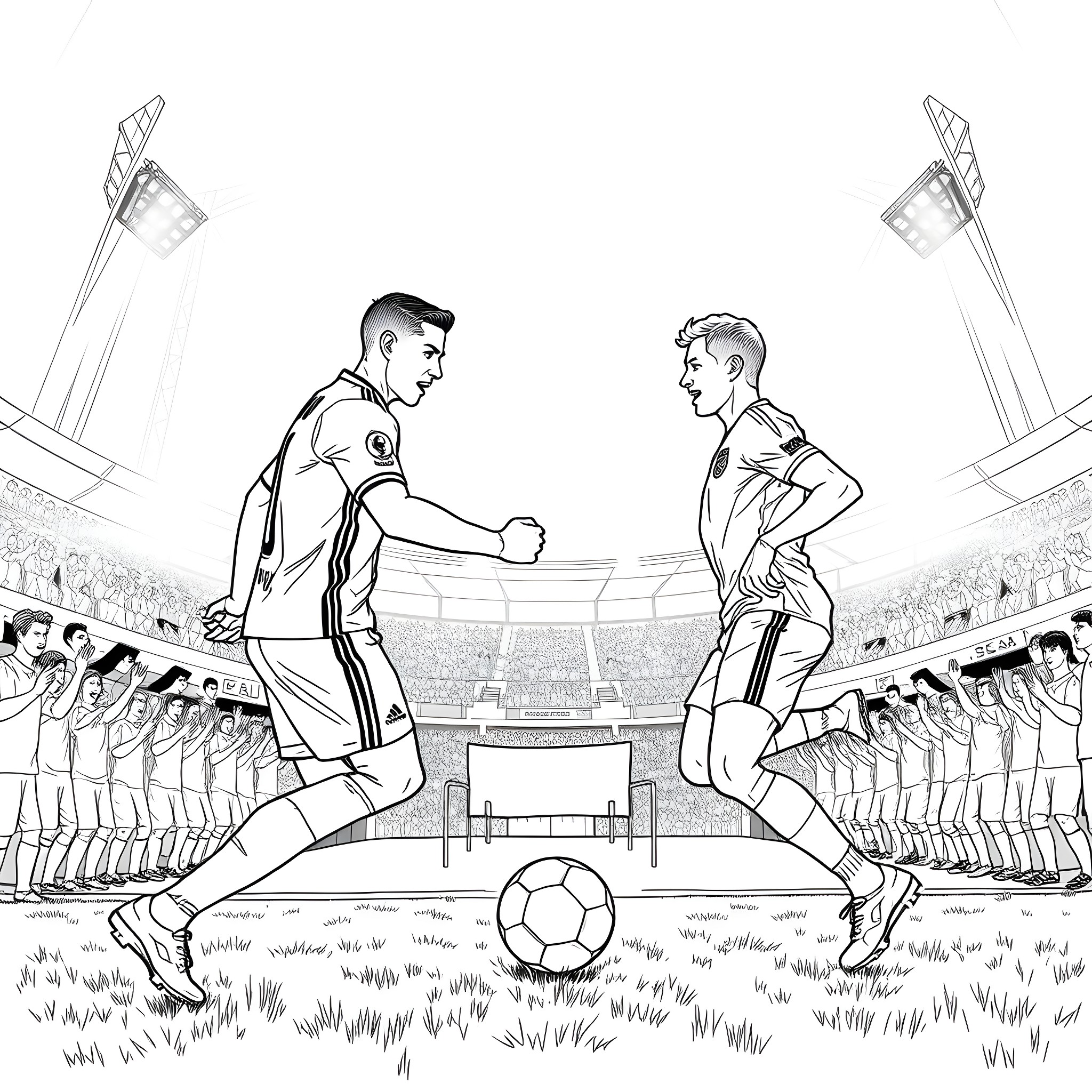 Cristiano Ronaldo and opponent in heated soccer match Coloring Page (free black-and-white line drawing printable PDF for all, from beginners to advanced learners, including children, teens, adults, and seniors)