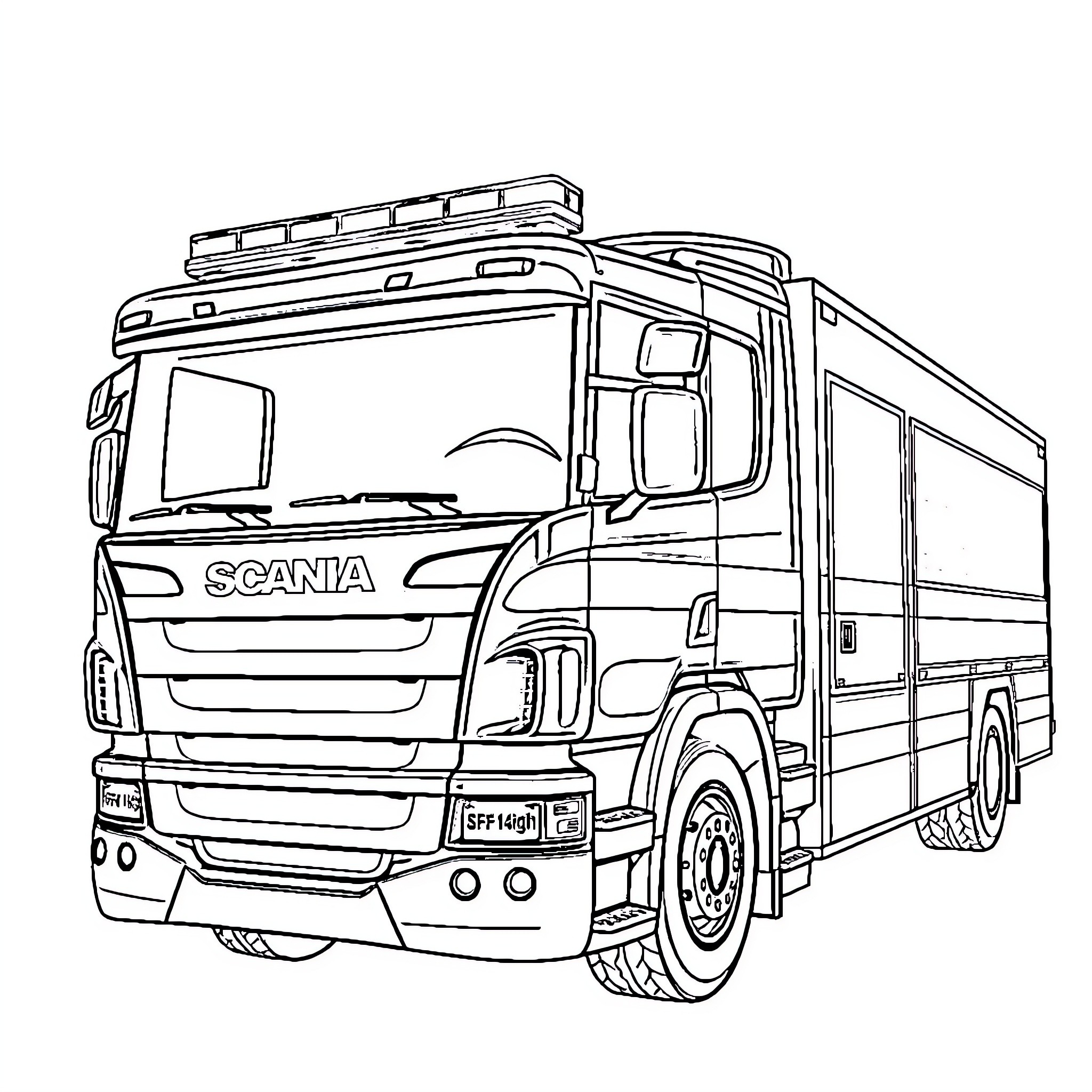 Fire Engine Delivering Supplies on Emergency Mission Coloring Page (free black-and-white line drawing printable PDF for all, from beginners to advanced learners, including children, teens, adults, and seniors)