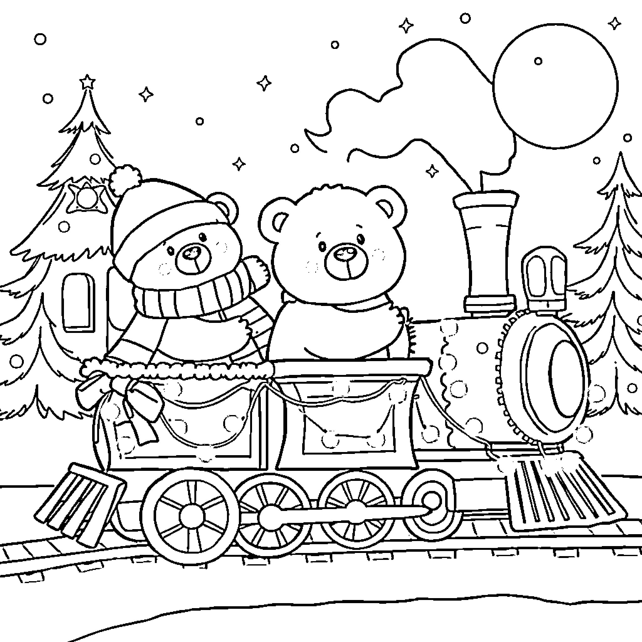 Bear riding train through snowy winter scene Coloring Page (free black-and-white line drawing printable PDF for all, from beginners to advanced learners, including children, teens, adults, and seniors)