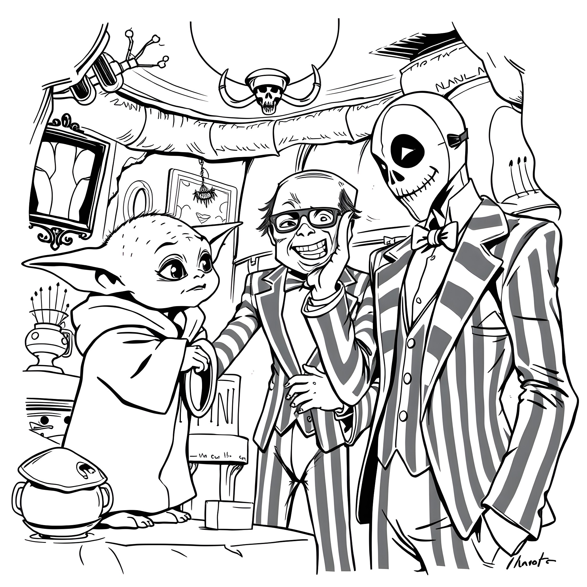 Yoda's Spooky Adventure with Skeleton and Striped Friend Coloring Page (free black-and-white line drawing printable PDF for all, from beginners to advanced learners, including children, teens, adults, and seniors)