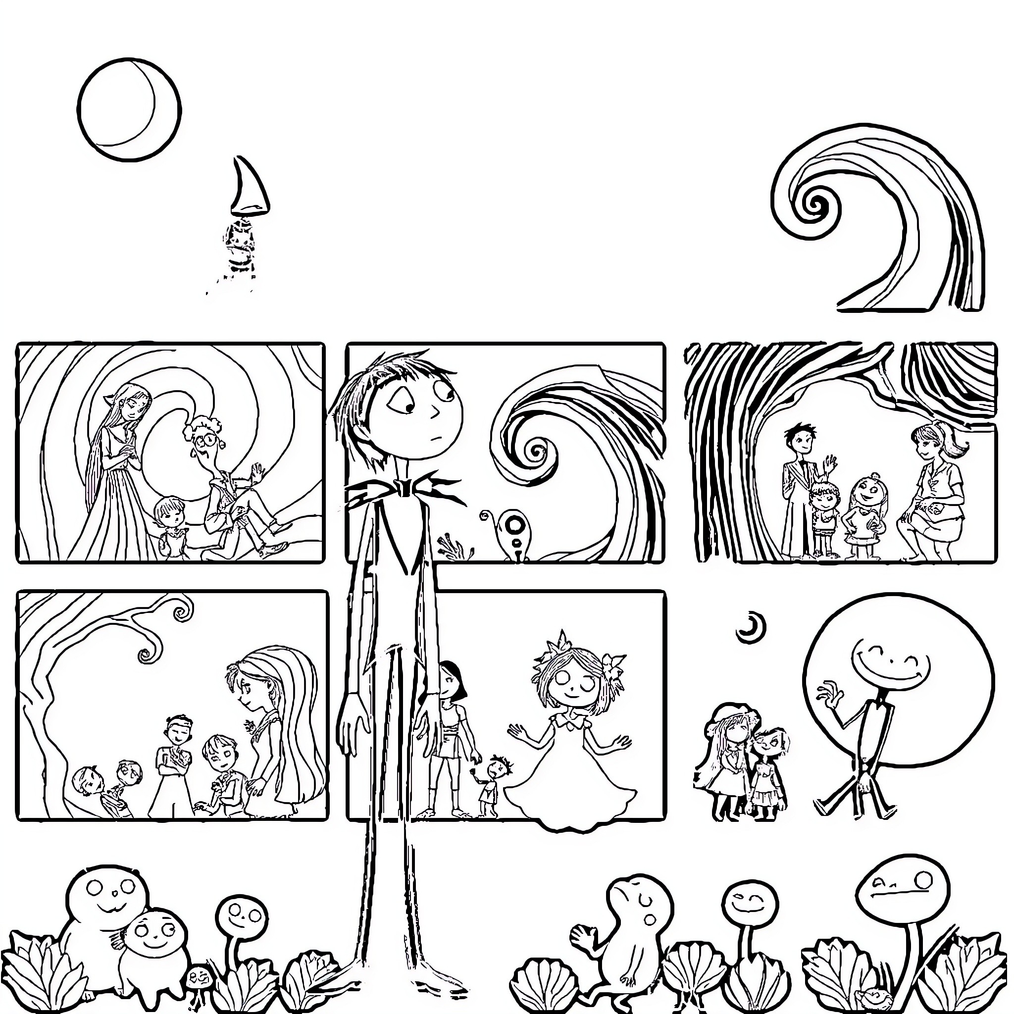 Coraline's Imaginative Adventures and Encounters Coloring Page (free black-and-white line drawing printable PDF for all, from beginners to advanced learners, including children, teens, adults, and seniors)