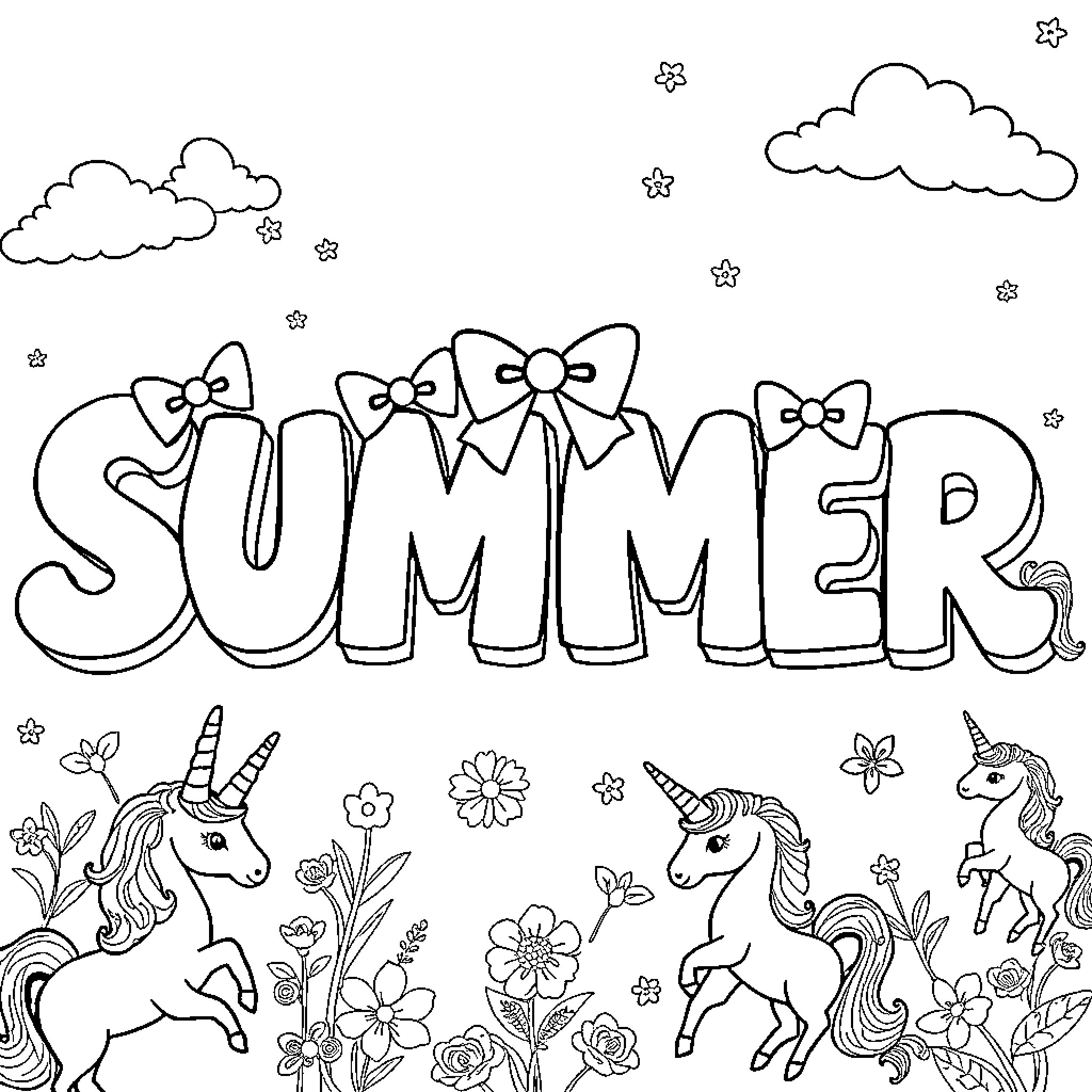 Summer Fun with Whimsical Creatures and Flowers Coloring Page (free black-and-white line drawing printable PDF for all, from beginners to advanced learners, including children, teens, adults, and seniors)