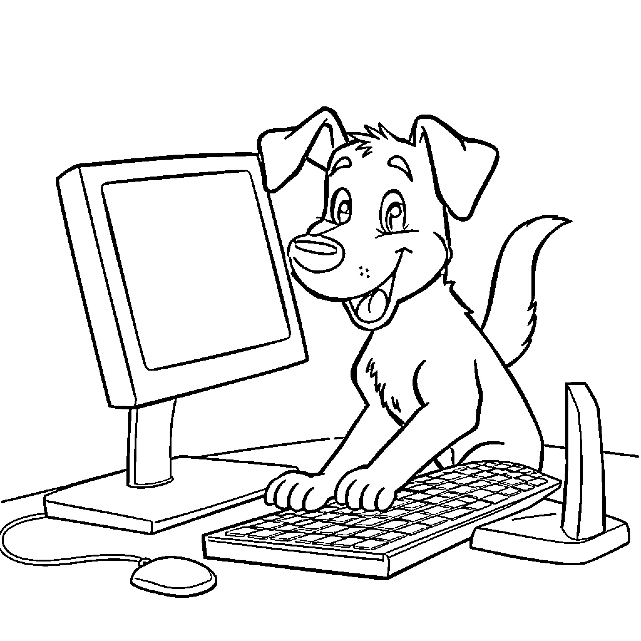 Dog playing on the computer Coloring Page (free black-and-white line drawing printable PDF for all, from beginners to advanced learners, including children, teens, adults, and seniors)