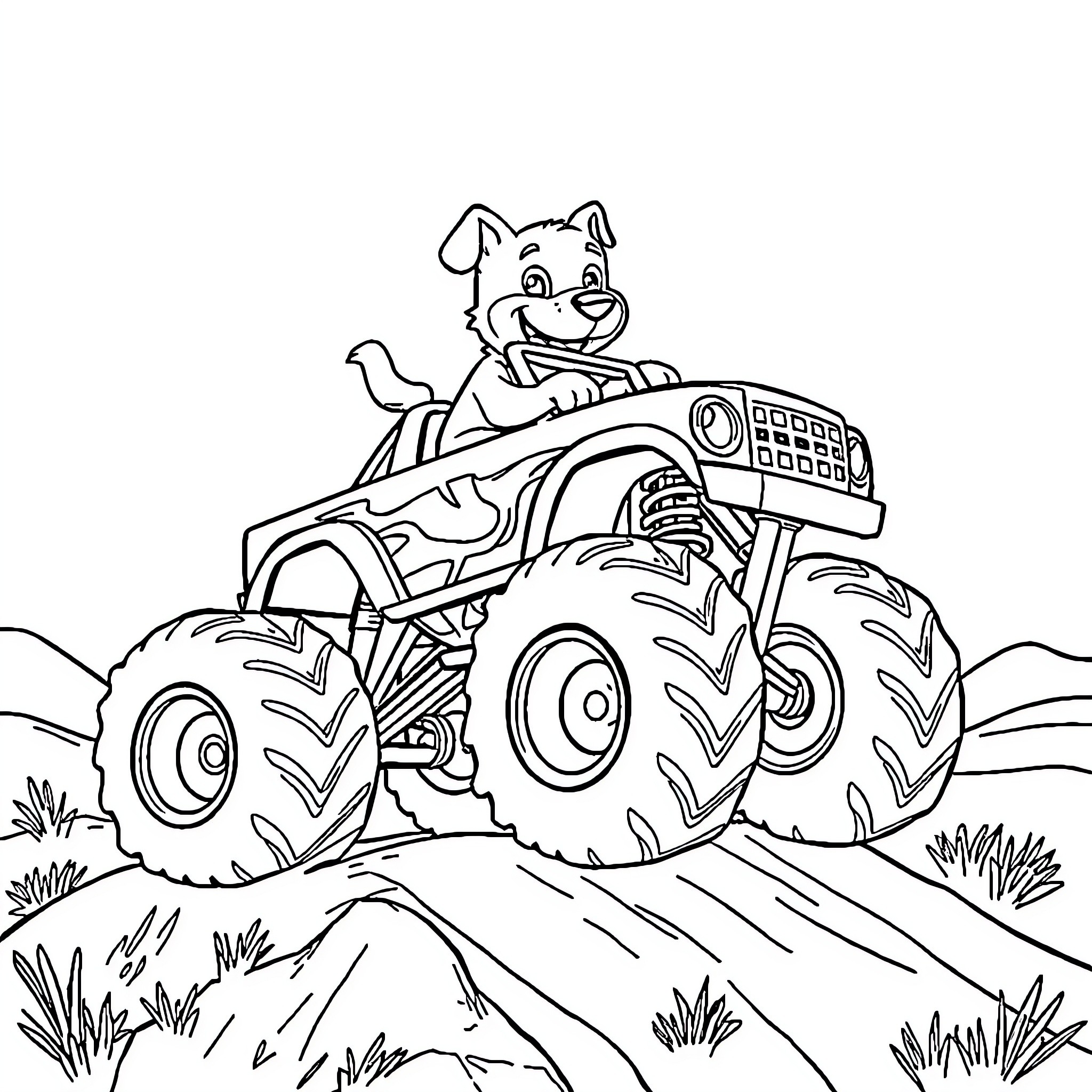Bluey's Monster Truck Adventure Coloring Page (free black-and-white line drawing printable PDF for all, from beginners to advanced learners, including children, teens, adults, and seniors)