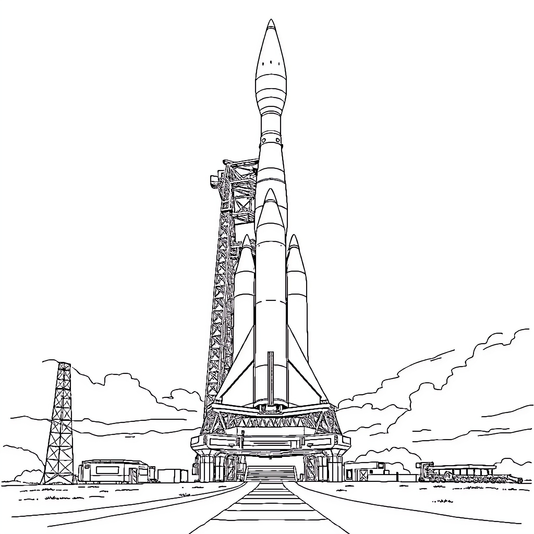 Soyuz spacecraft on launch pad ready for liftoff Coloring Page (free black-and-white line drawing printable PDF for all, from beginners to advanced learners, including children, teens, adults, and seniors)