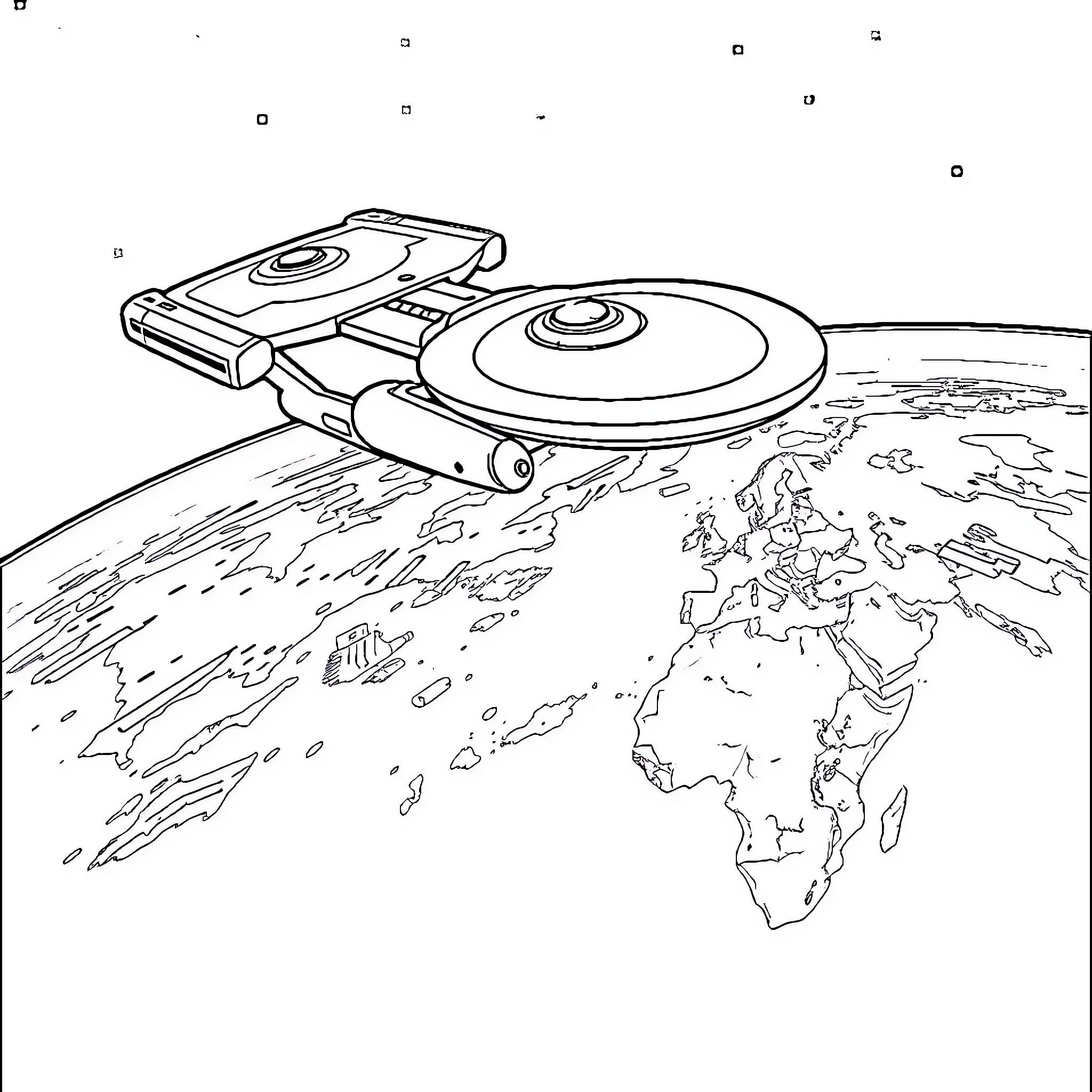 Starship Exploring the Globe Coloring Page (free black-and-white line drawing printable PDF for all, from beginners to advanced learners, including children, teens, adults, and seniors)