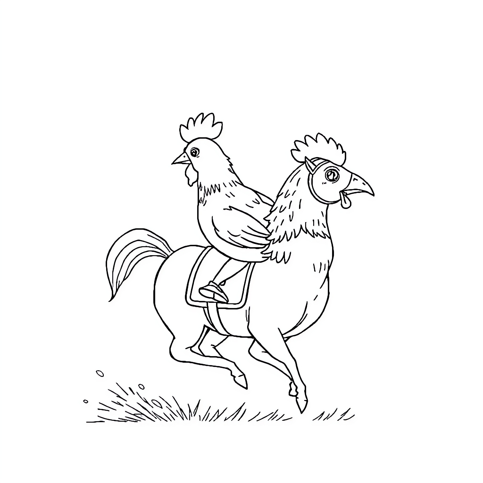 Chicken duo riding saddles in meadow Coloring Page (free black-and-white line drawing printable PDF for all, from beginners to advanced learners, including children, teens, adults, and seniors)