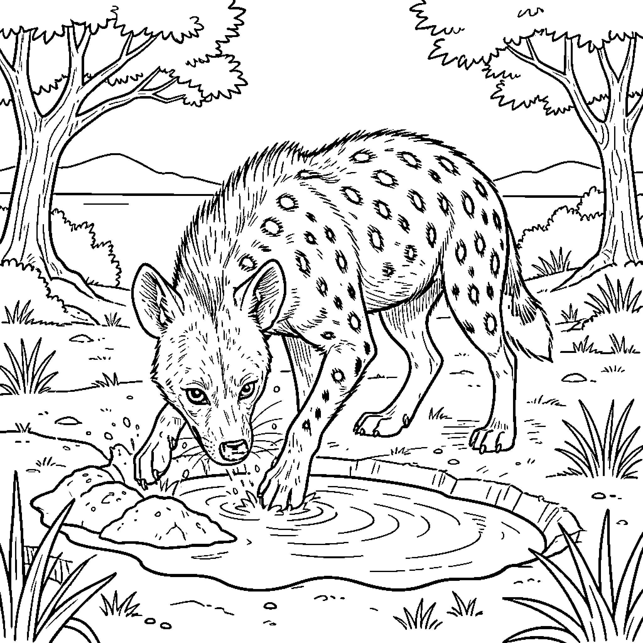 Hyena drinking water from a small puddle Coloring Page (free black-and-white line drawing printable PDF for all, from beginners to advanced learners, including children, teens, adults, and seniors)