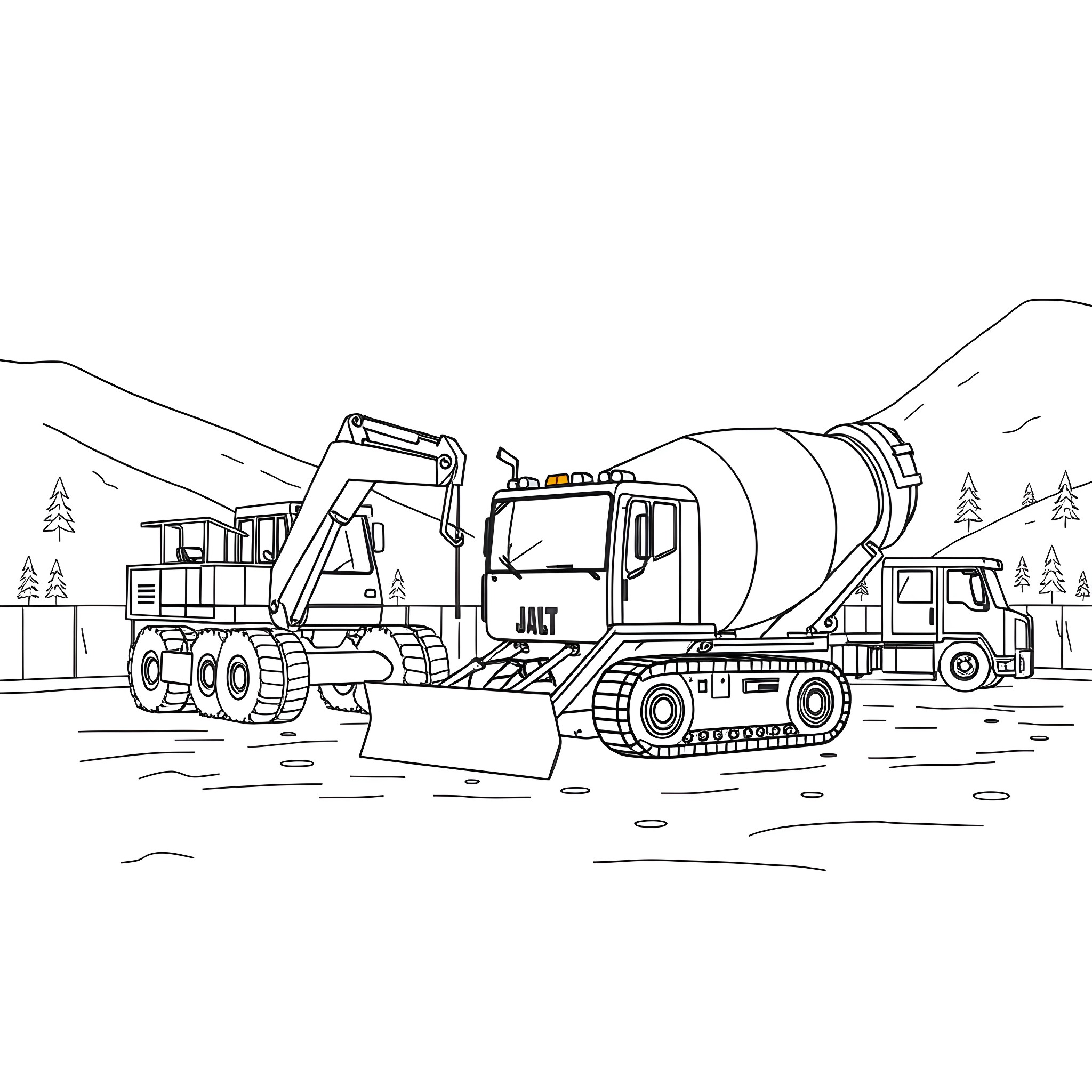 Excavator and cement mixer truck at construction site Coloring Page (free black-and-white line drawing printable PDF for all, from beginners to advanced learners, including children, teens, adults, and seniors)