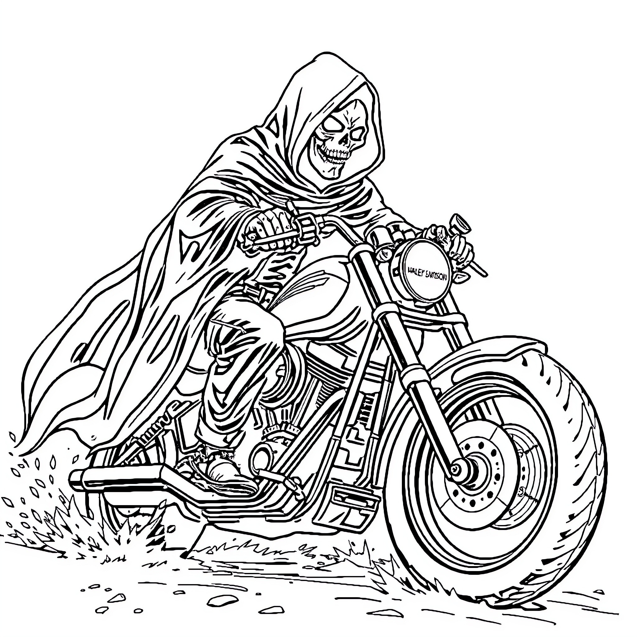 Grim Reaper on Motorcycle Racing Through the Streets Coloring Page (free black-and-white line drawing printable PDF for all, from beginners to advanced learners, including children, teens, adults, and seniors)