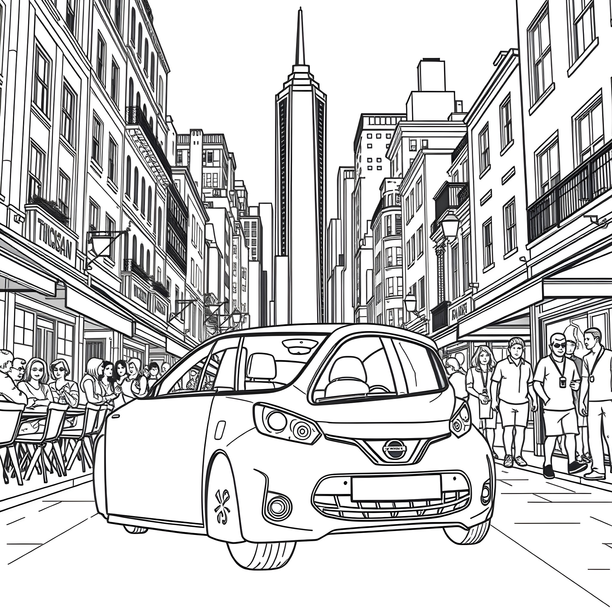Nissan Micra in the bustling city Coloring Page (free black-and-white line drawing printable PDF for all, from beginners to advanced learners, including children, teens, adults, and seniors)