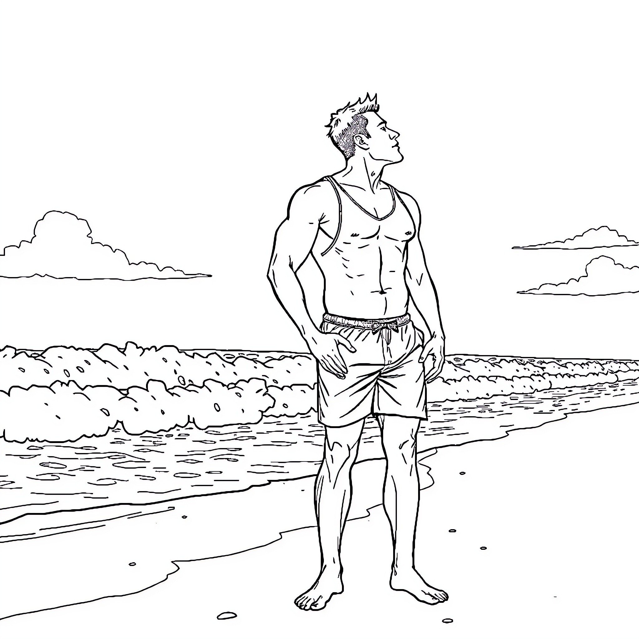 Man standing on the beach in casual outfit Coloring Page (free black-and-white line drawing printable PDF for all, from beginners to advanced learners, including children, teens, adults, and seniors)