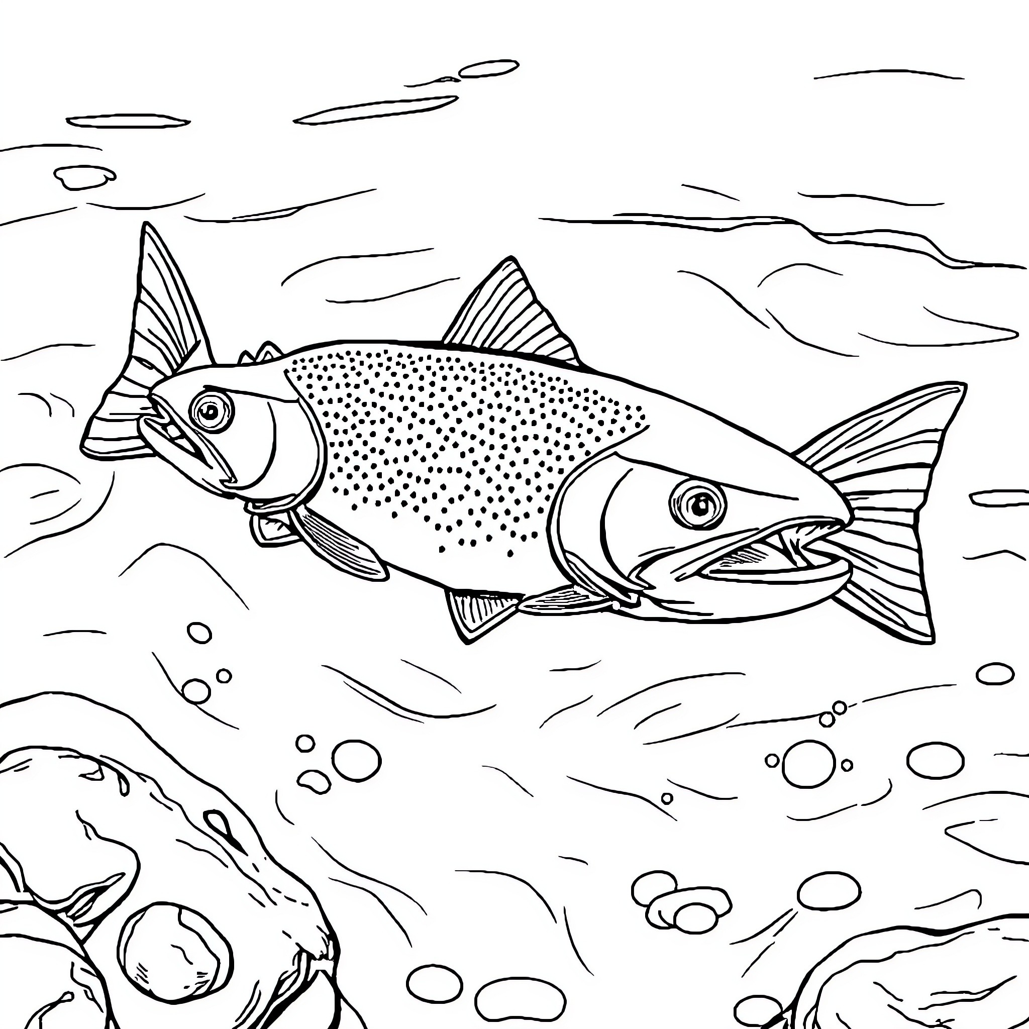 Trout swimming in the underwater scene Coloring Page (free black-and-white line drawing printable PDF for all, from beginners to advanced learners, including children, teens, adults, and seniors)
