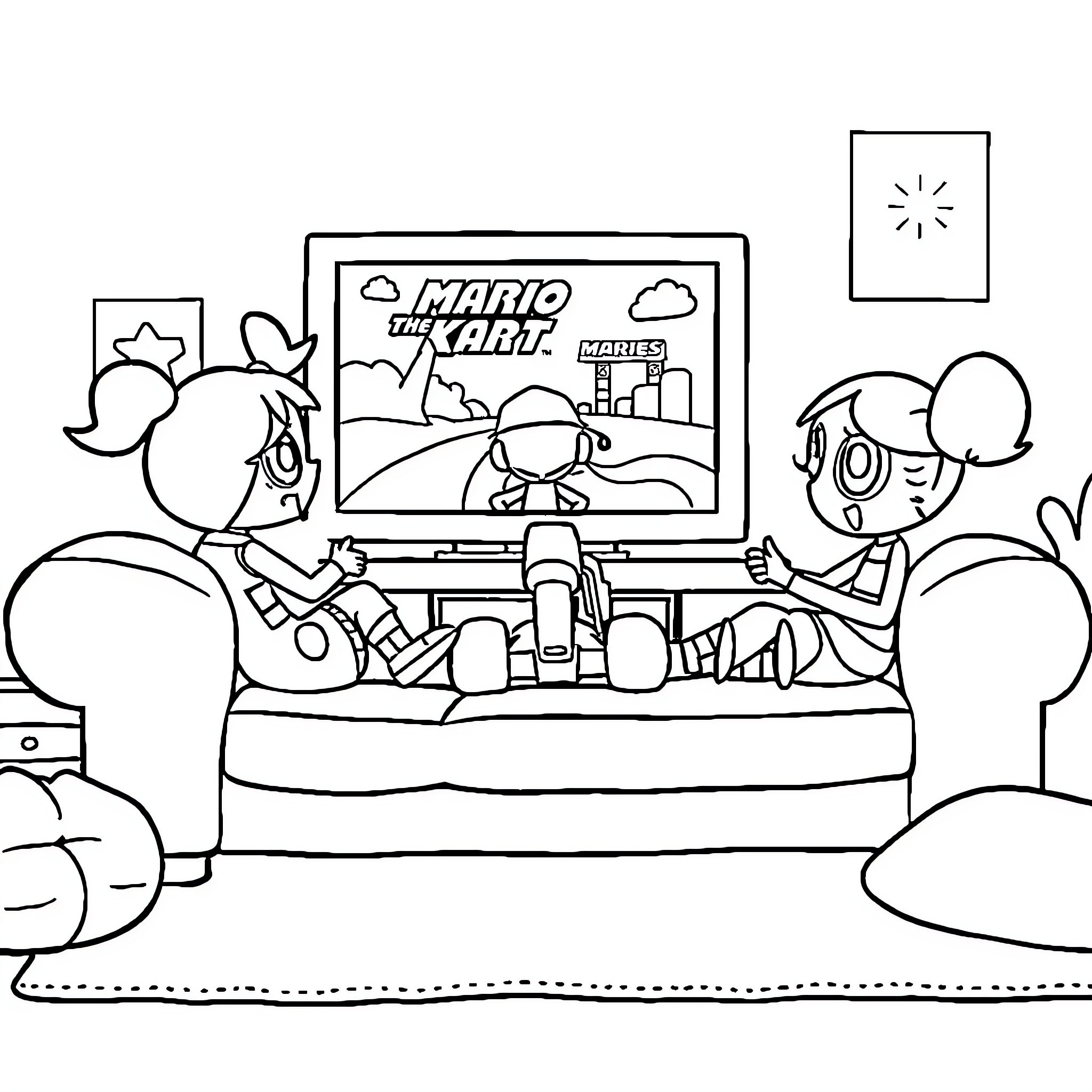 Powerpuff Girls Enjoying Video Game Together Coloring Page (free black-and-white line drawing printable PDF for all, from beginners to advanced learners, including children, teens, adults, and seniors)