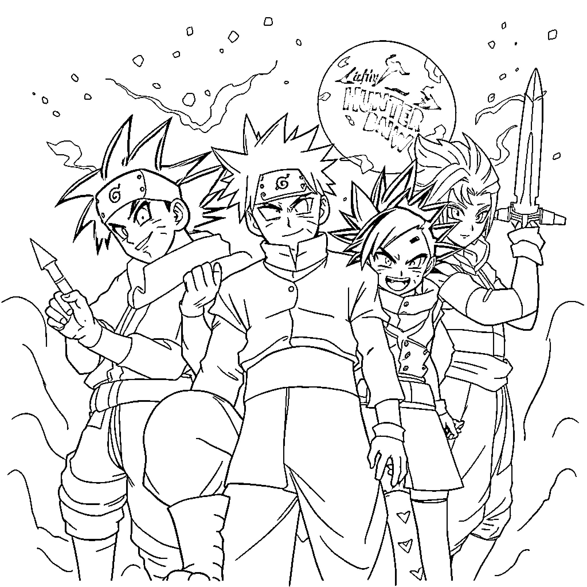 Anime characters posing heroically with weapons Coloring Page (free black-and-white line drawing printable PDF for all, from beginners to advanced learners, including children, teens, adults, and seniors)
