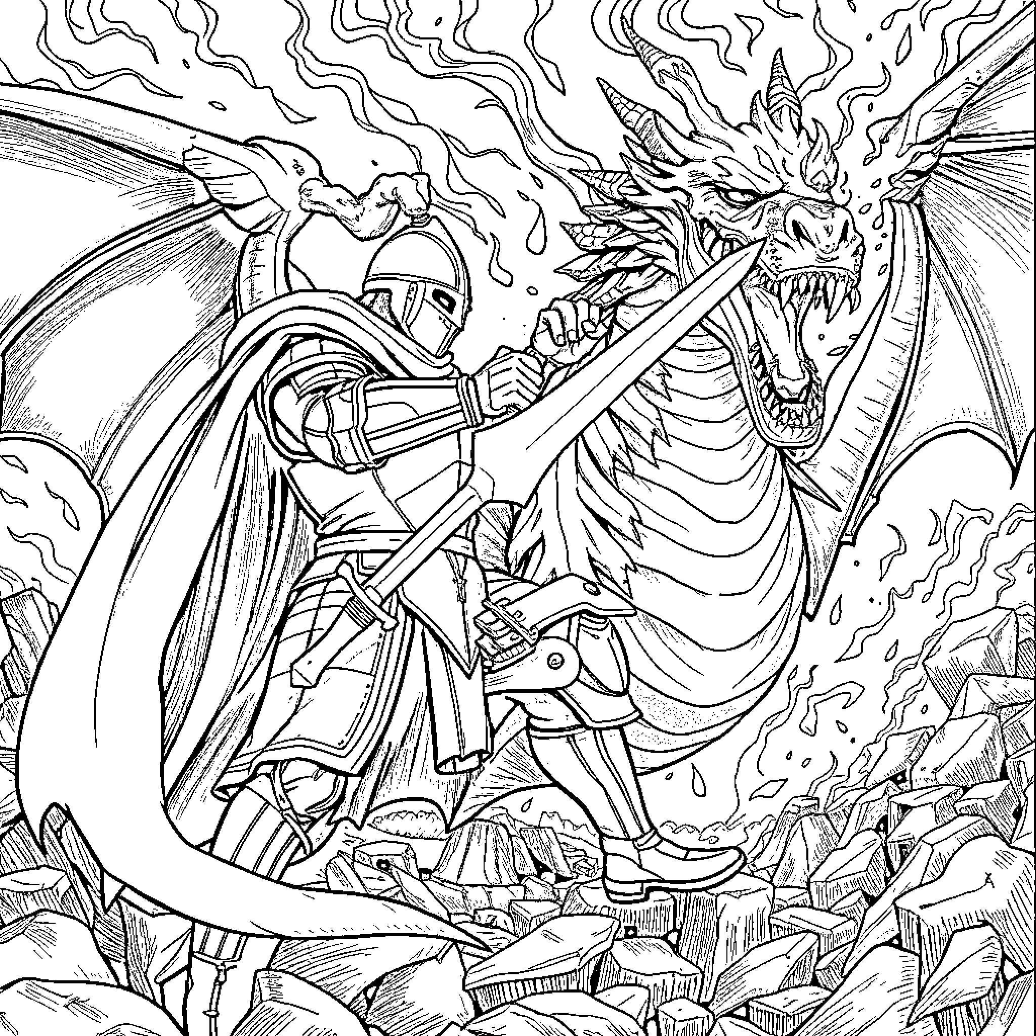 Knight battling a fierce dragon in a dramatic scene Coloring Page (free black-and-white line drawing printable PDF for all, from beginners to advanced learners, including children, teens, adults, and seniors)