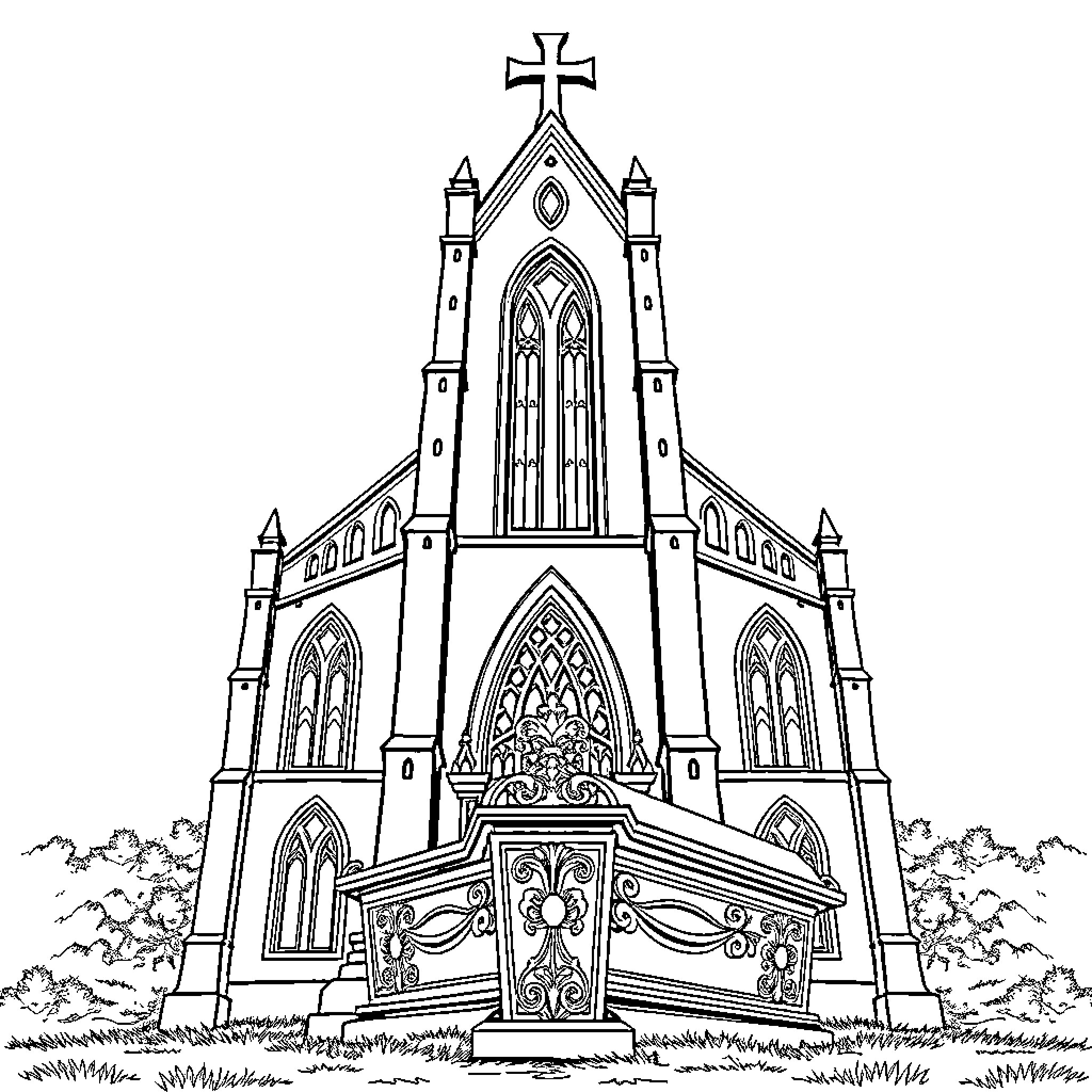 Gothic Building with Ornate Architectural Details Coloring Page (free black-and-white line drawing printable PDF for all, from beginners to advanced learners, including children, teens, adults, and seniors)