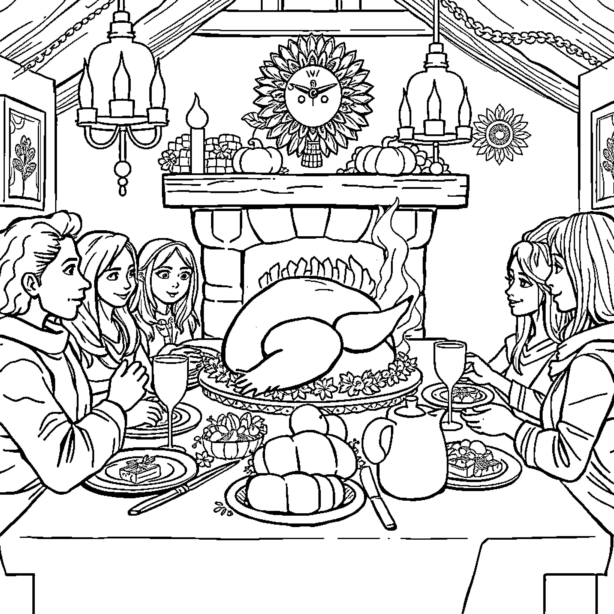 Thanksgiving Family Gathering and Feast Coloring Page (free black-and-white line drawing printable PDF for all, from beginners to advanced learners, including children, teens, adults, and seniors)