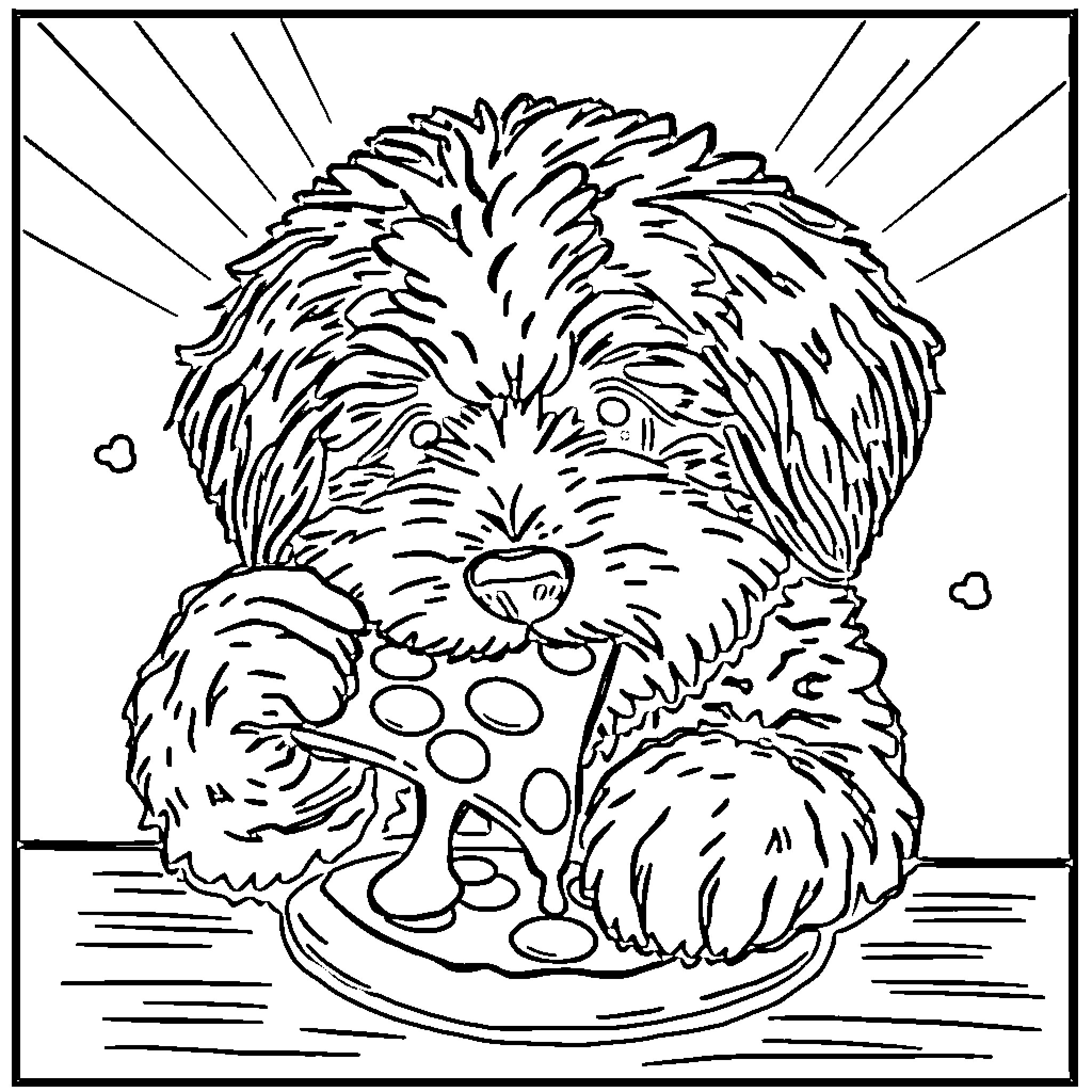 Bernedoodle playing with treats on patterned plate Coloring Page (free black-and-white line drawing printable PDF for all, from beginners to advanced learners, including children, teens, adults, and seniors)