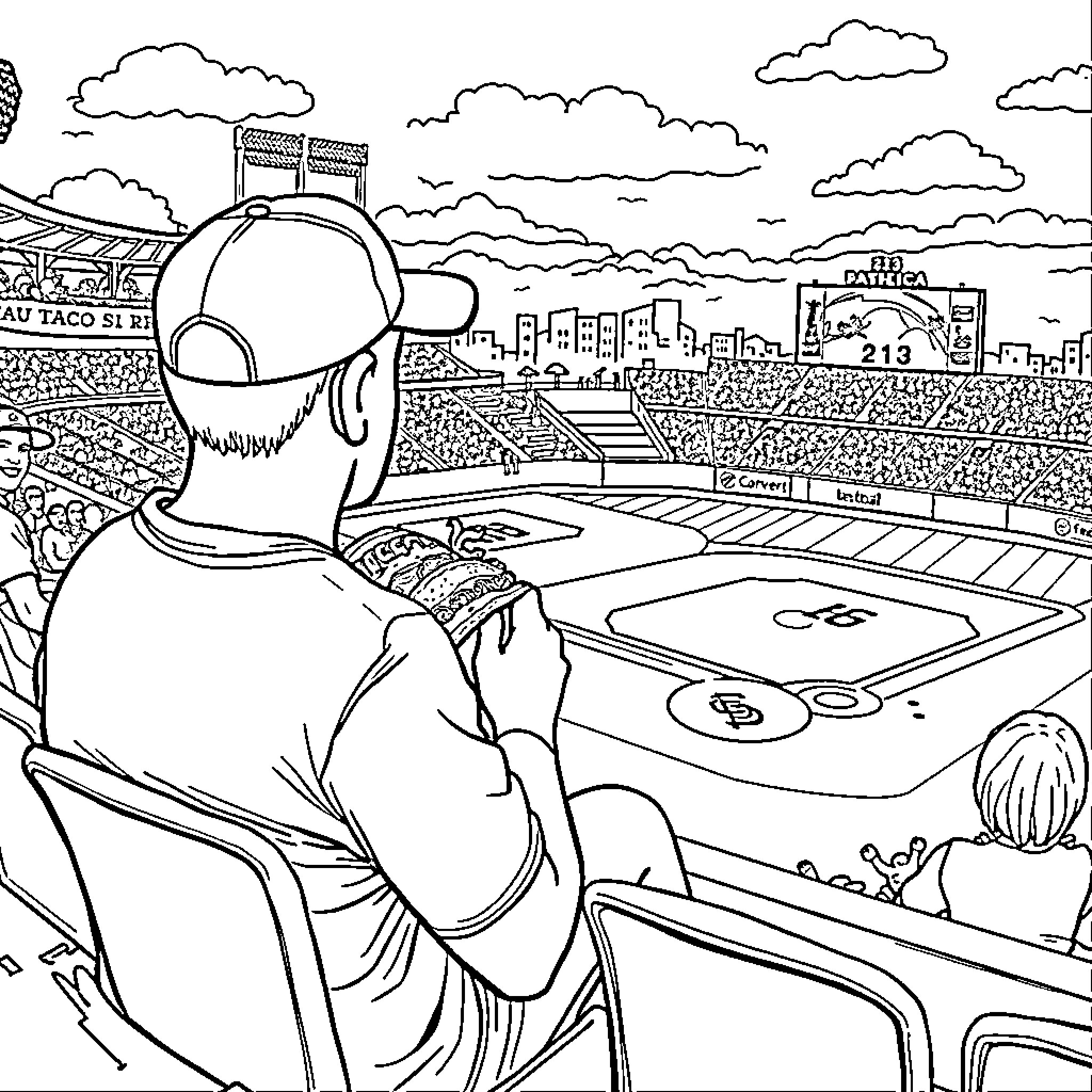 Taco Fans Cheering at Exciting Baseball Game Coloring Page (free black-and-white line drawing printable PDF for all, from beginners to advanced learners, including children, teens, adults, and seniors)
