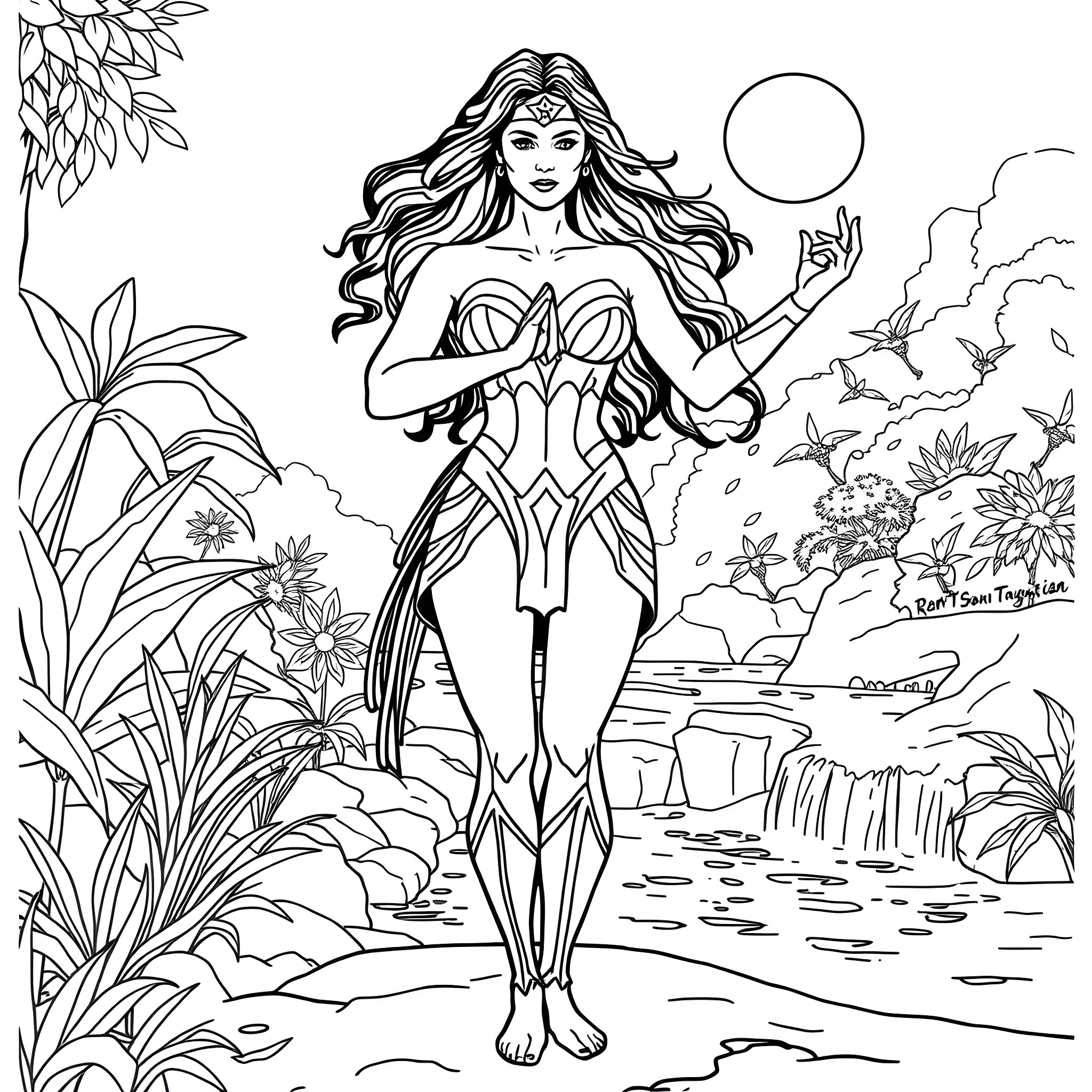 Wonder Woman heroically stands in a lush, tropical landscape Coloring Page (free black-and-white line drawing printable PDF for all, from beginners to advanced learners, including children, teens, adults, and seniors)