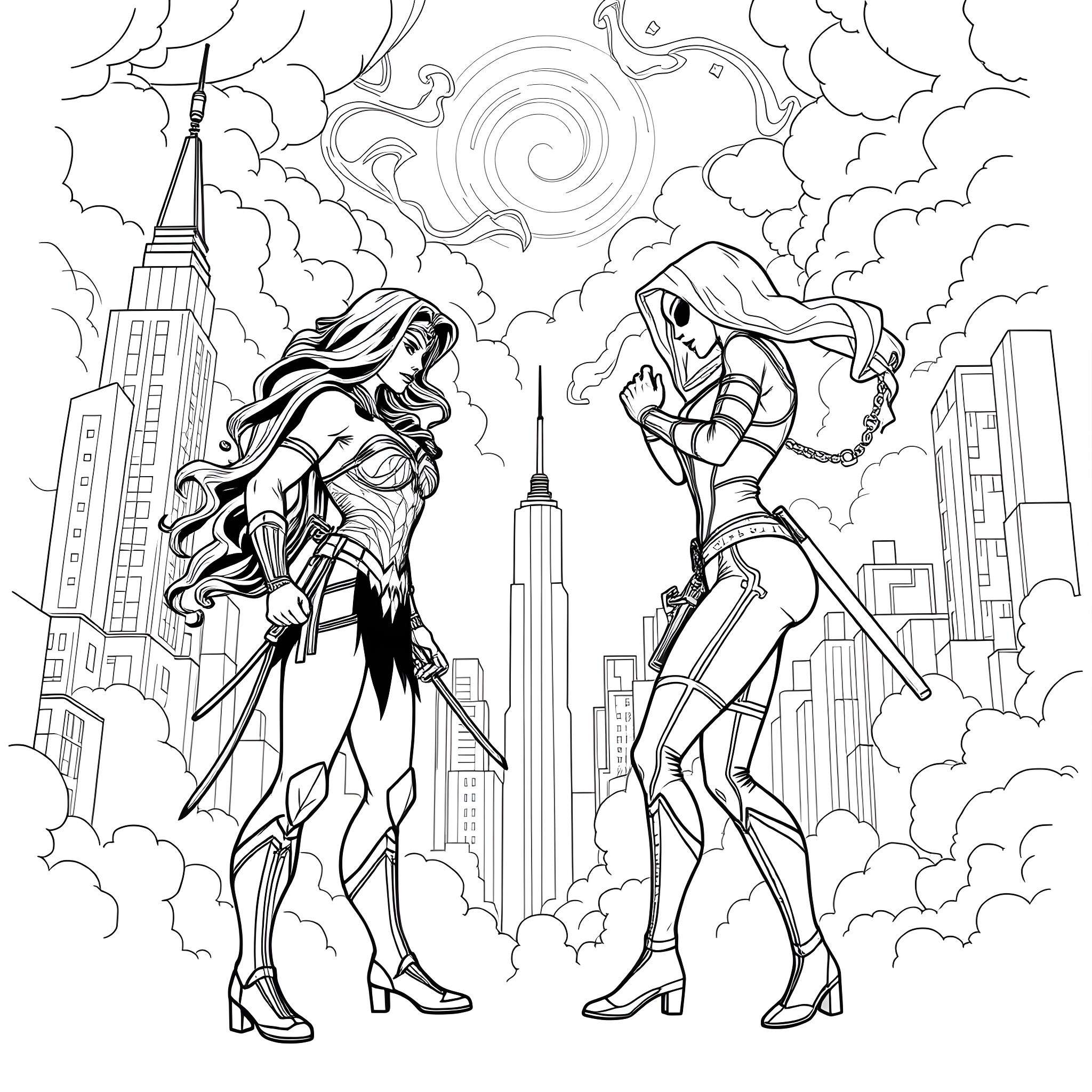 Wonder Woman and Female Superhero in Heroic Poses Coloring Page (free black-and-white line drawing printable PDF for all, from beginners to advanced learners, including children, teens, adults, and seniors)