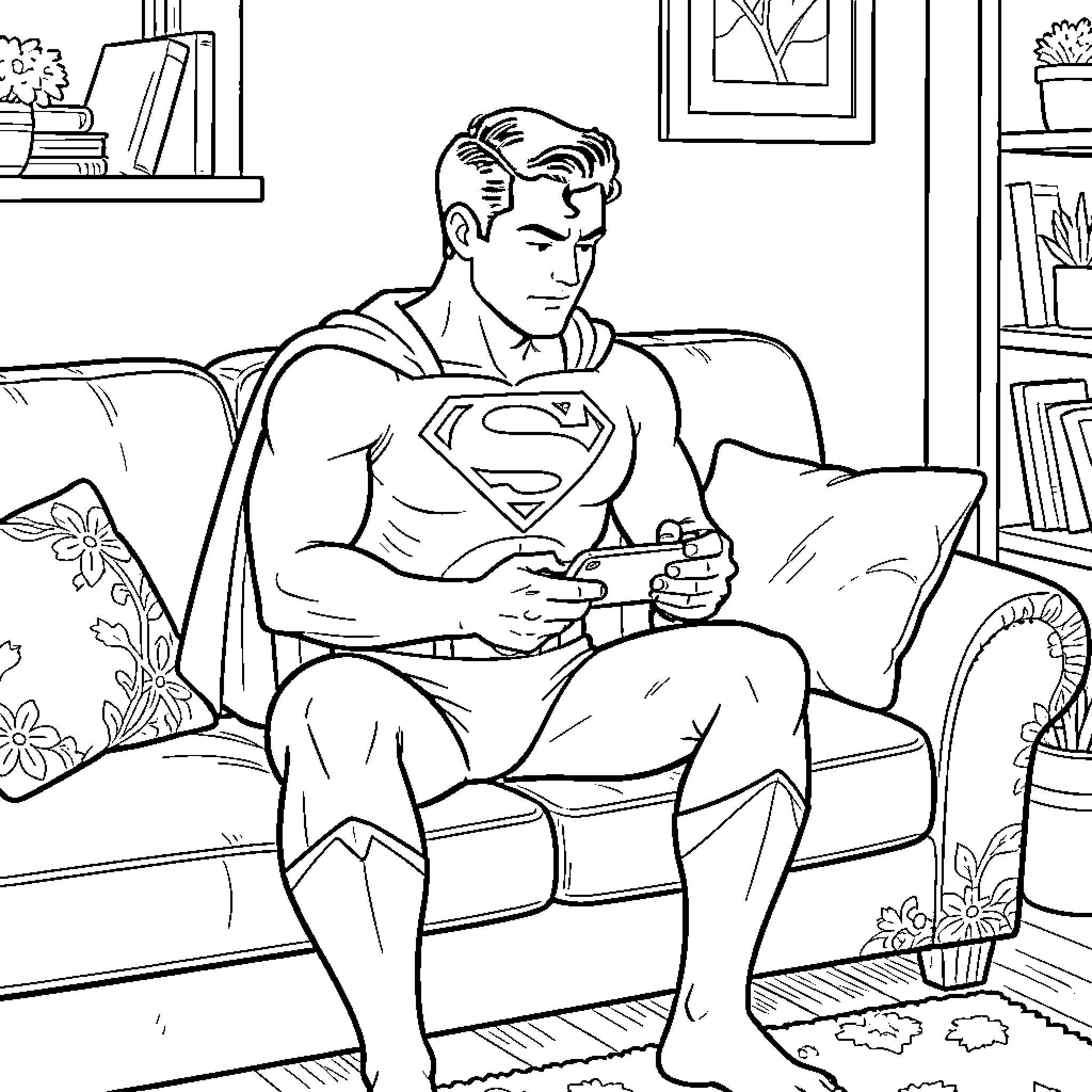 Superman sitting on a sofa using a smartphone Coloring Page (free black-and-white line drawing printable PDF for all, from beginners to advanced learners, including children, teens, adults, and seniors)
