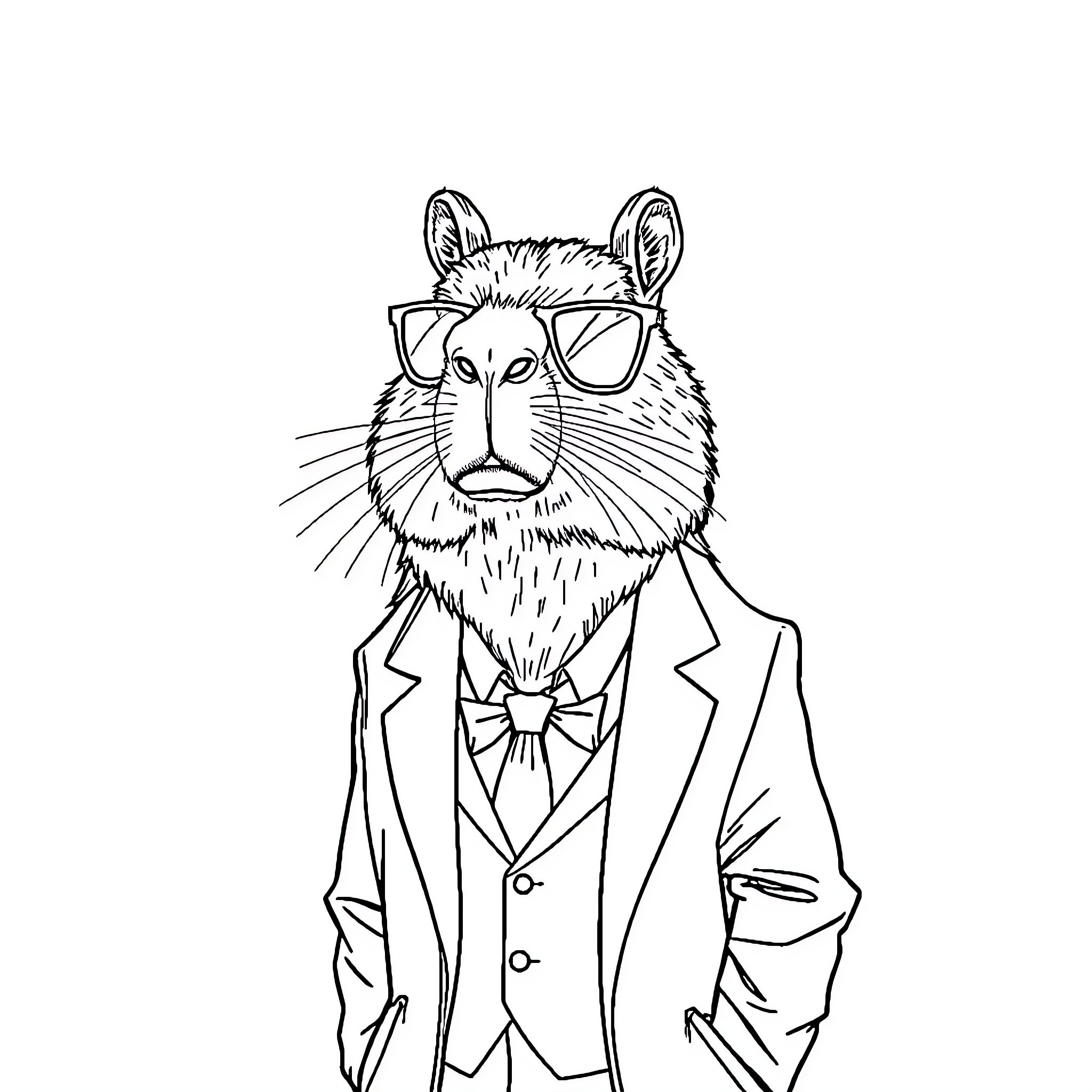 Capybara dressed in stylish business attire Coloring Page (free black-and-white line drawing printable PDF for all, from beginners to advanced learners, including children, teens, adults, and seniors)