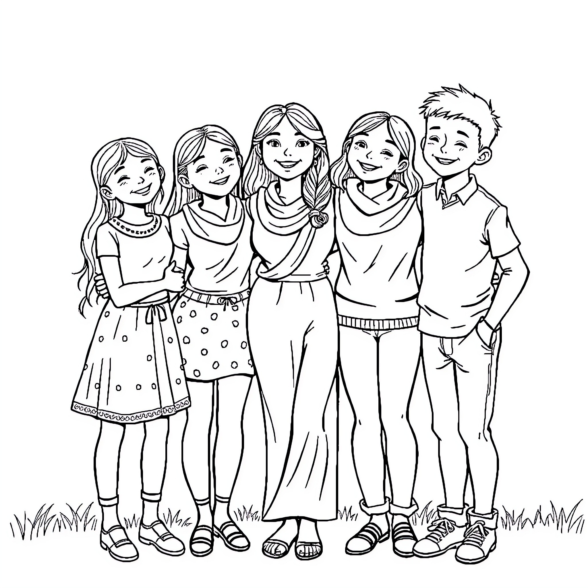 Family Enjoying Outdoor Time Together Coloring Page (free black-and-white line drawing printable PDF for all, from beginners to advanced learners, including children, teens, adults, and seniors)