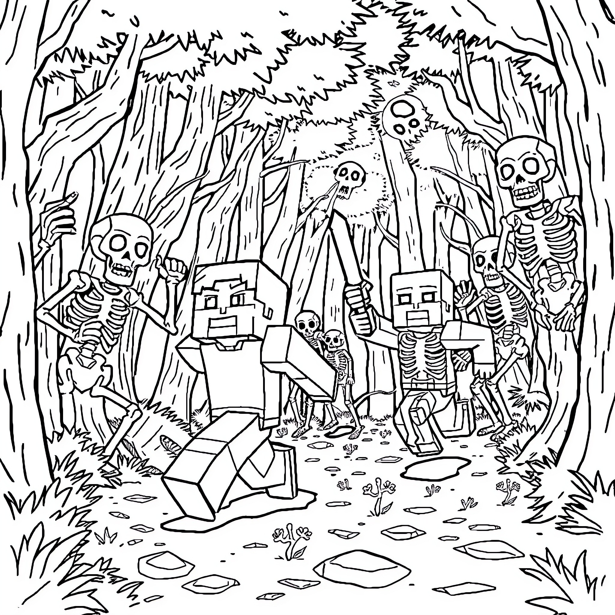 Minecraft Character Skeleton Mob in Spooky Forest Coloring Page (free black-and-white line drawing printable PDF for all, from beginners to advanced learners, including children, teens, adults, and seniors)