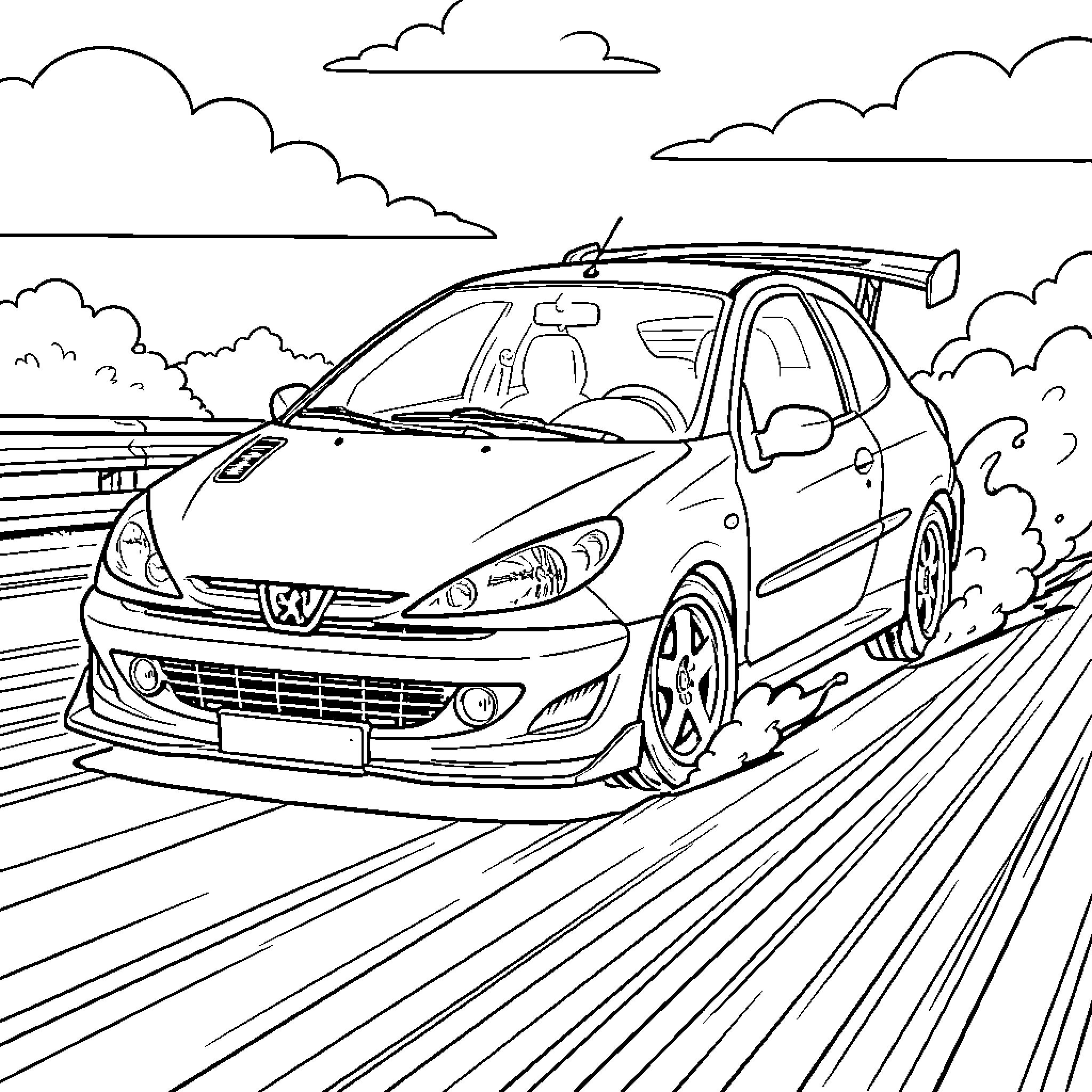 Peugeot racing fast on a track with smoke Coloring Page (free black-and-white line drawing printable PDF for all, from beginners to advanced learners, including children, teens, adults, and seniors)