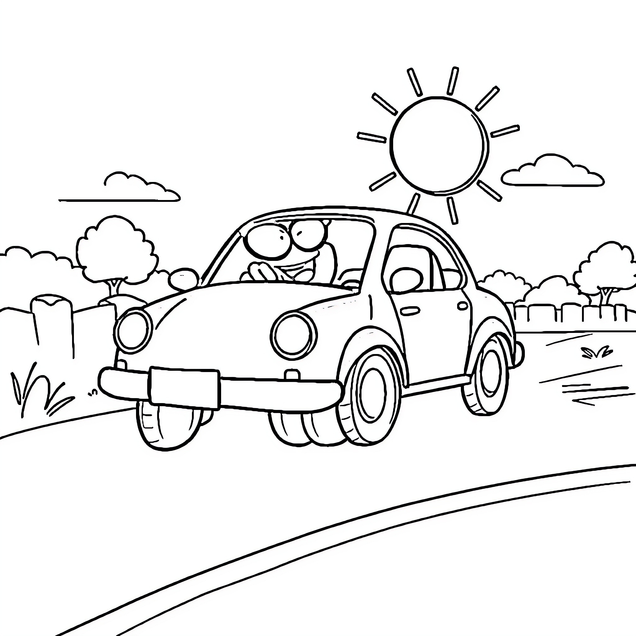Bluey's Driving Adventure in the Countryside Coloring Page (free black-and-white line drawing printable PDF for all, from beginners to advanced learners, including children, teens, adults, and seniors)