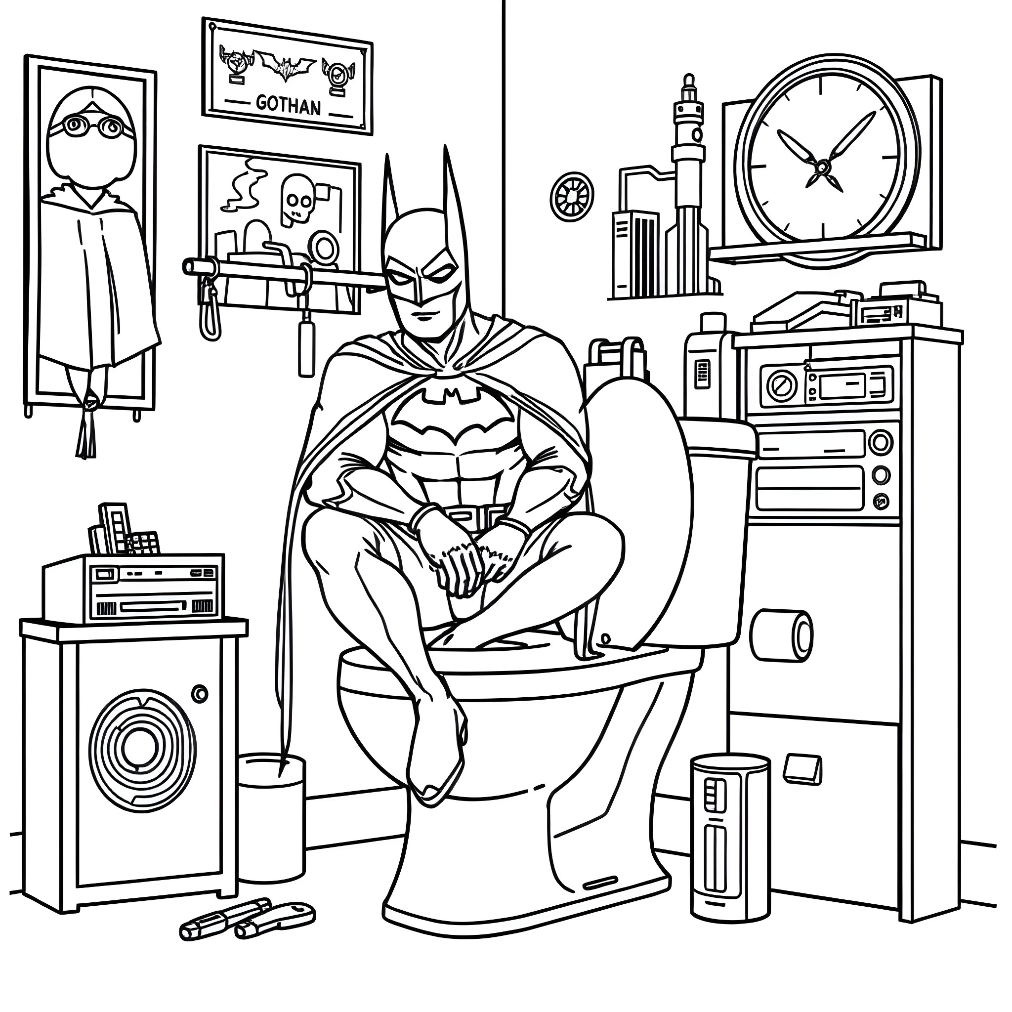 Batman's Relaxing Moment in His Lair Coloring Page (free black-and-white line drawing printable PDF for all, from beginners to advanced learners, including children, teens, adults, and seniors)