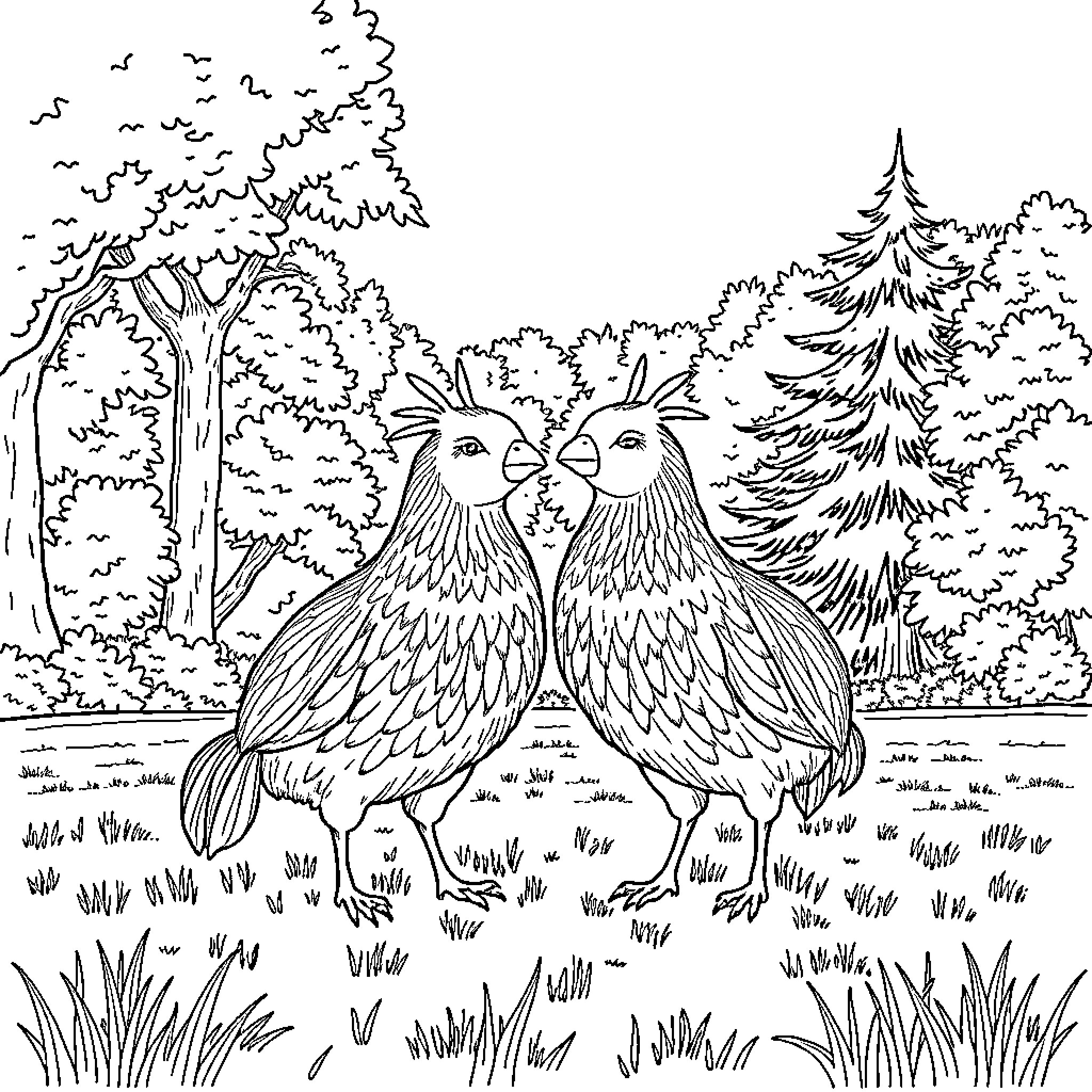 Deer-like birds in a forest landscape Coloring Page (free black-and-white line drawing printable PDF for all, from beginners to advanced learners, including children, teens, adults, and seniors)