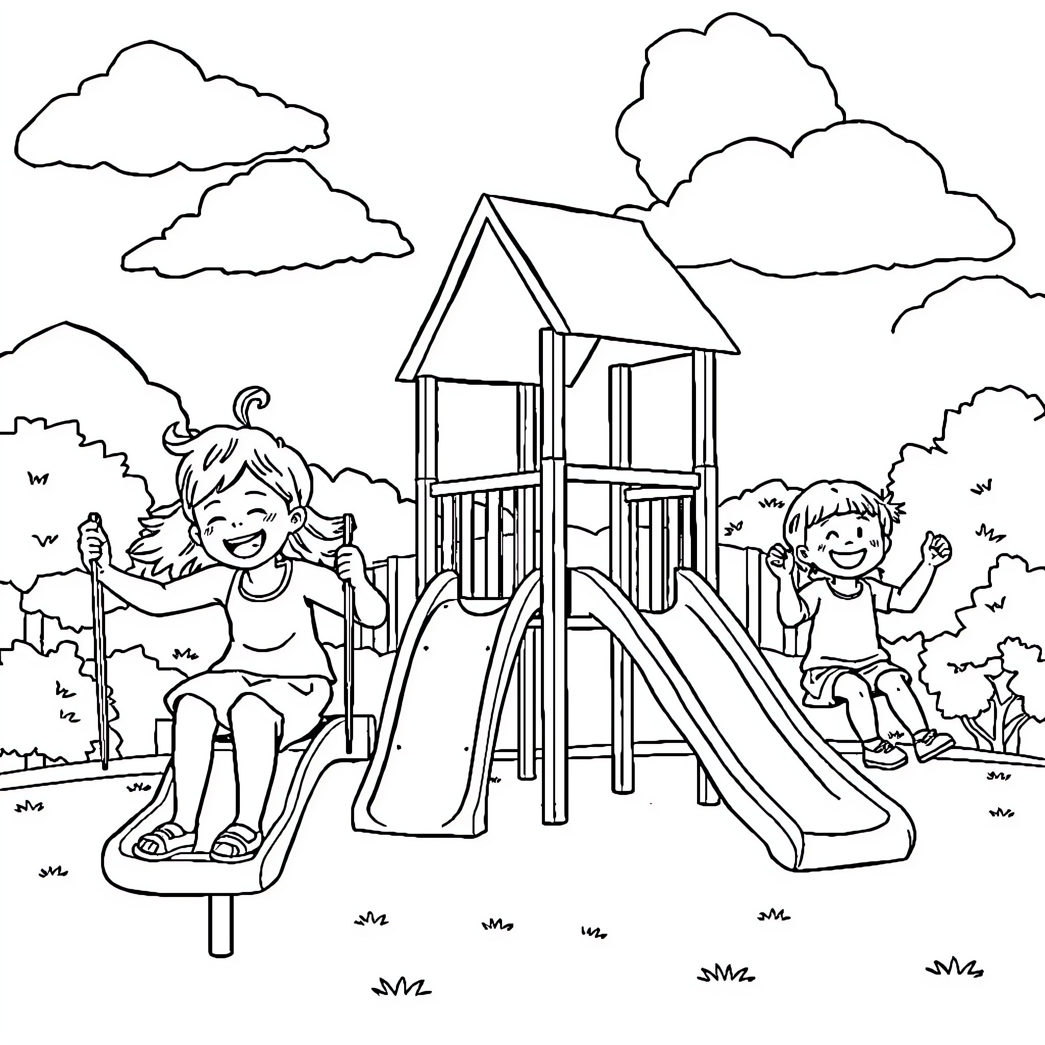 Child's delight on the playground Coloring Page (free black-and-white line drawing printable PDF for all, from beginners to advanced learners, including children, teens, adults, and seniors)