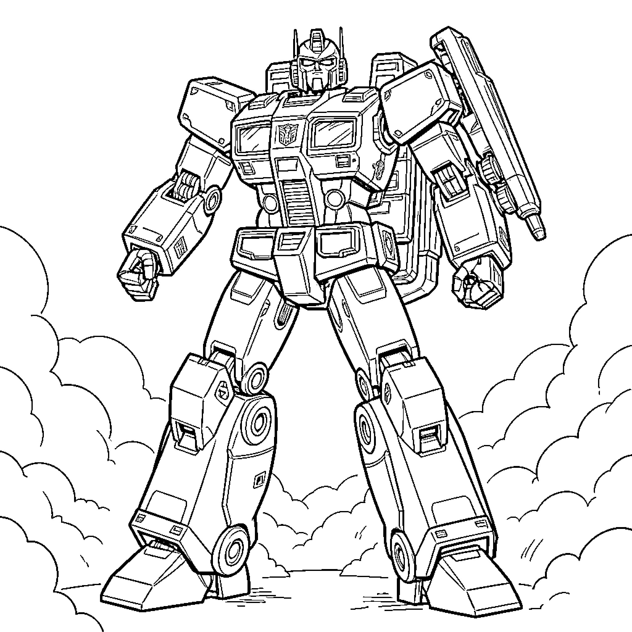 Transformer robot with powerful weaponry in action Coloring Page (free black-and-white line drawing printable PDF for all, from beginners to advanced learners, including children, teens, adults, and seniors)
