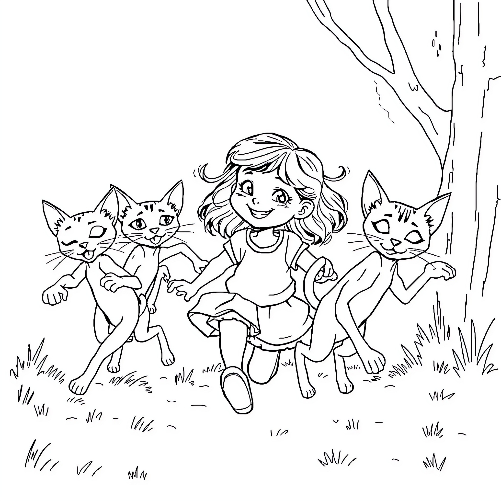 Cat girl playing with kittens in nature Coloring Page (free black-and-white line drawing printable PDF for all, from beginners to advanced learners, including children, teens, adults, and seniors)