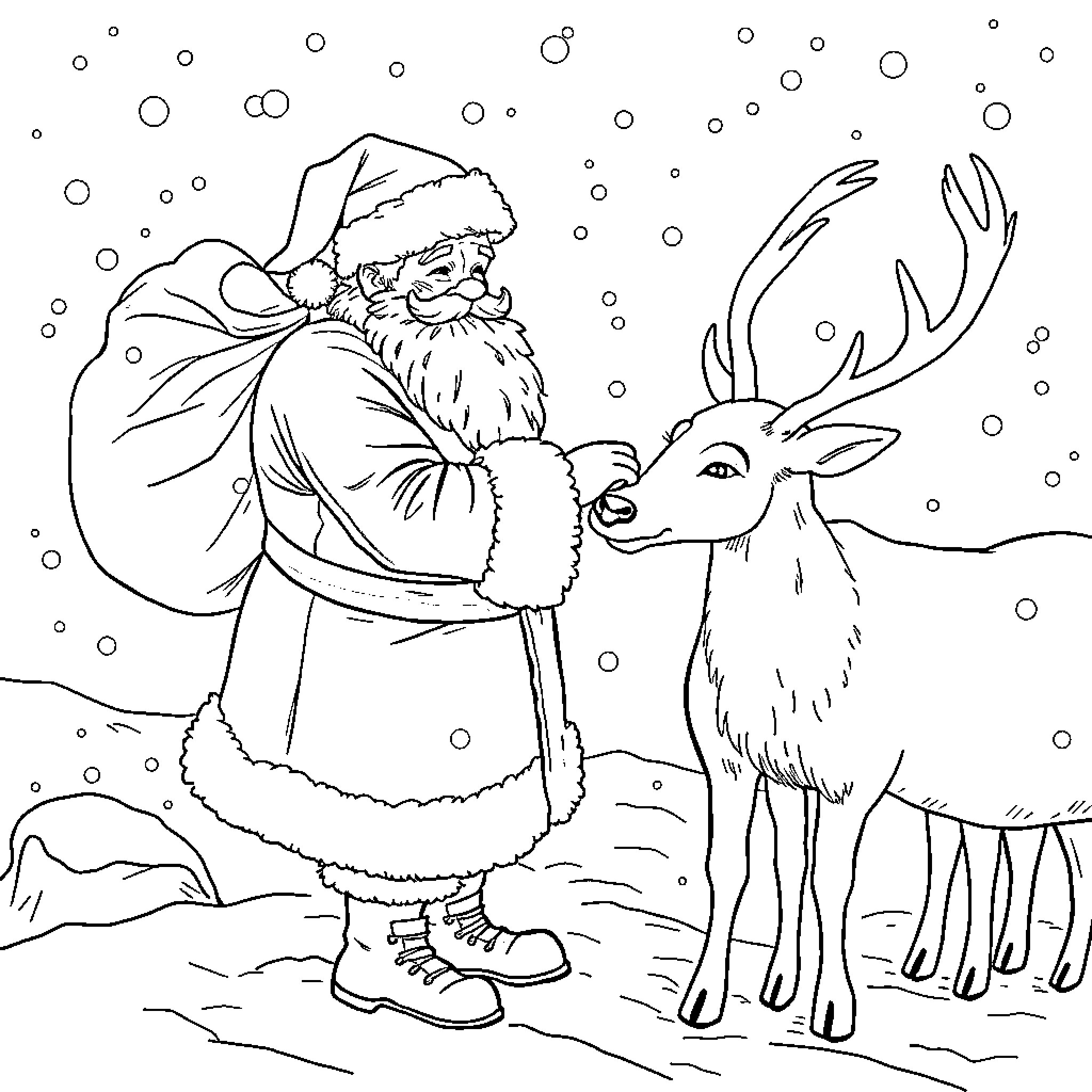 Santa Claus and his reindeer in the snowy landscape Coloring Page (free black-and-white line drawing printable PDF for all, from beginners to advanced learners, including children, teens, adults, and seniors)