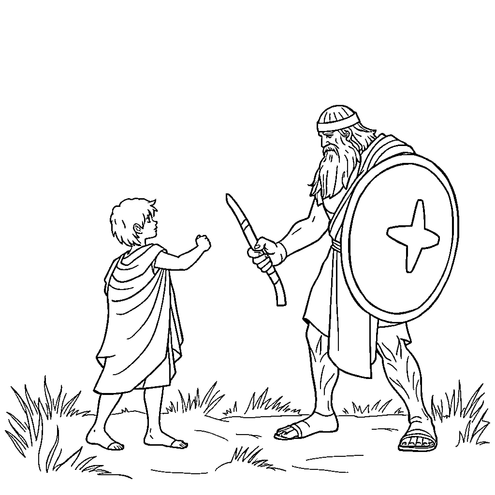David and Goliath - Warrior and youth in confrontation Coloring Page (free black-and-white line drawing printable PDF for all, from beginners to advanced learners, including children, teens, adults, and seniors)